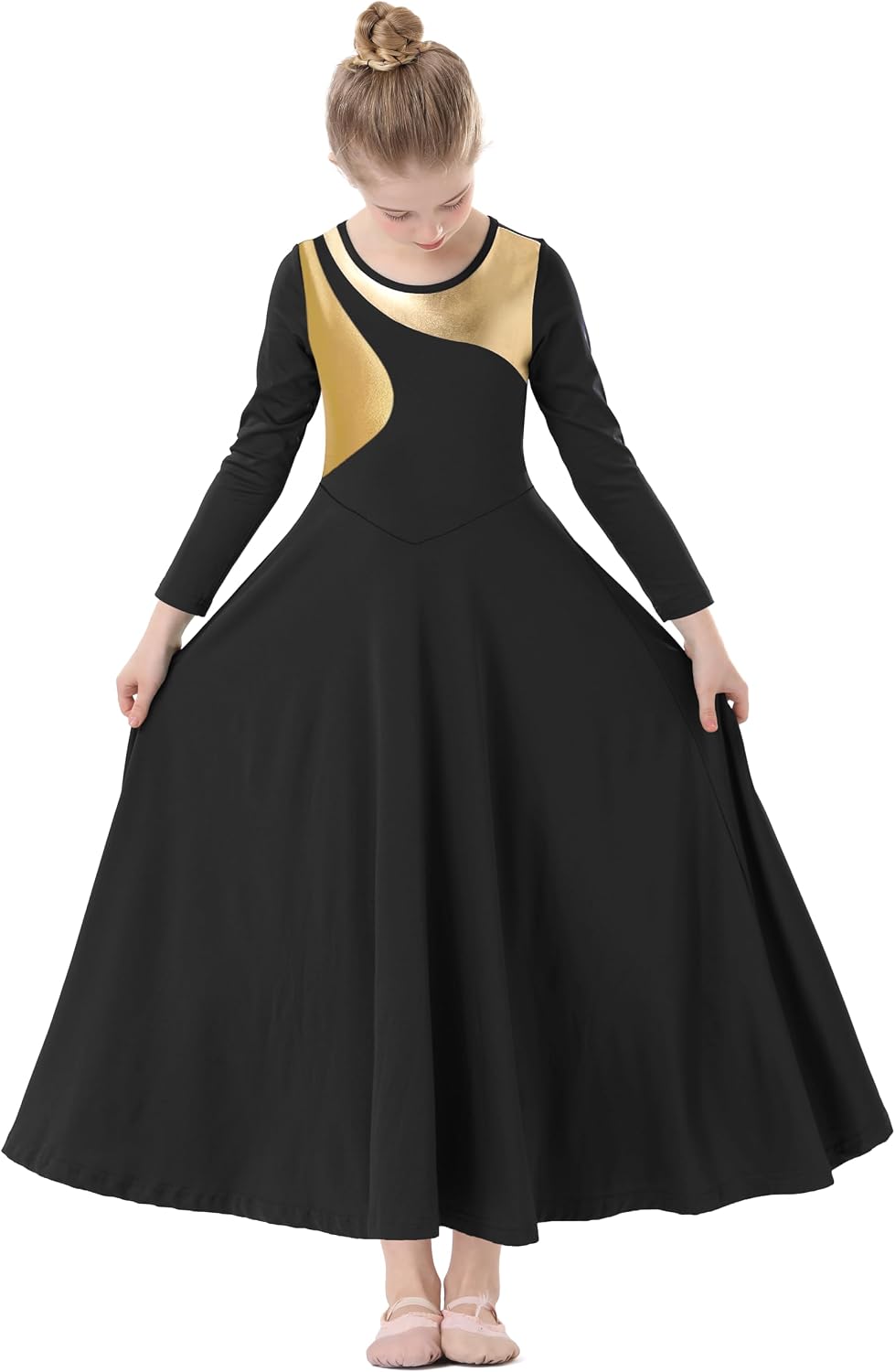 Girl's Praise Dance Dress Irregular Gold Metallic Long Sleeve Worship Liturgical Lyrical Dance Costume