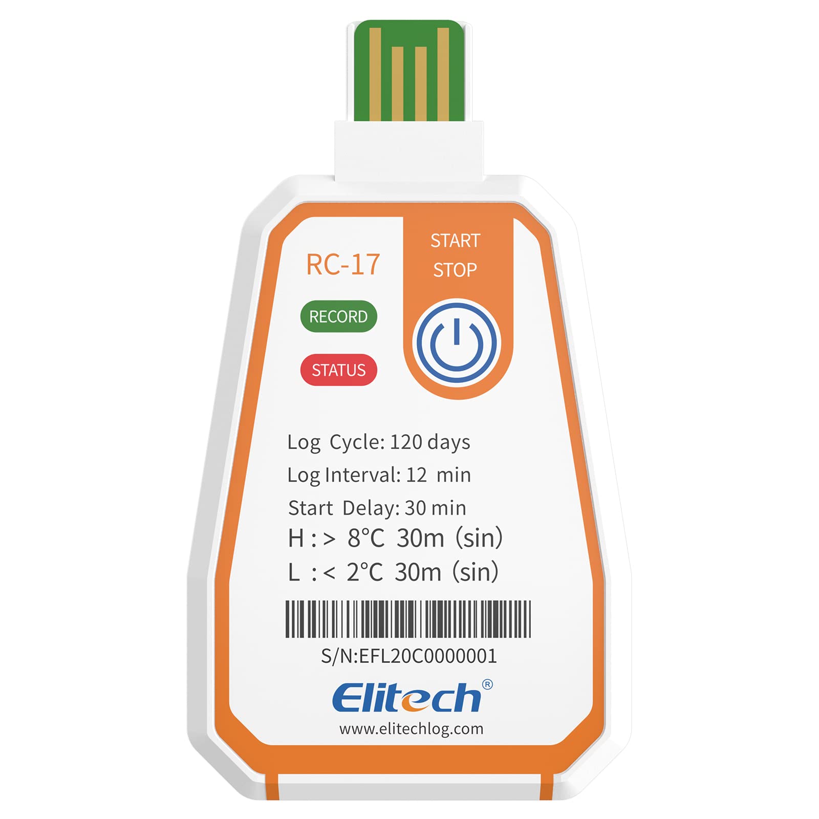 Elitech RC-17 - Grabador de temperatura USB de uso único, grabación de 120 días para cadena de frío para alimentos medicamentos vacunas, función alarma, impermeable IP67, auto PDF