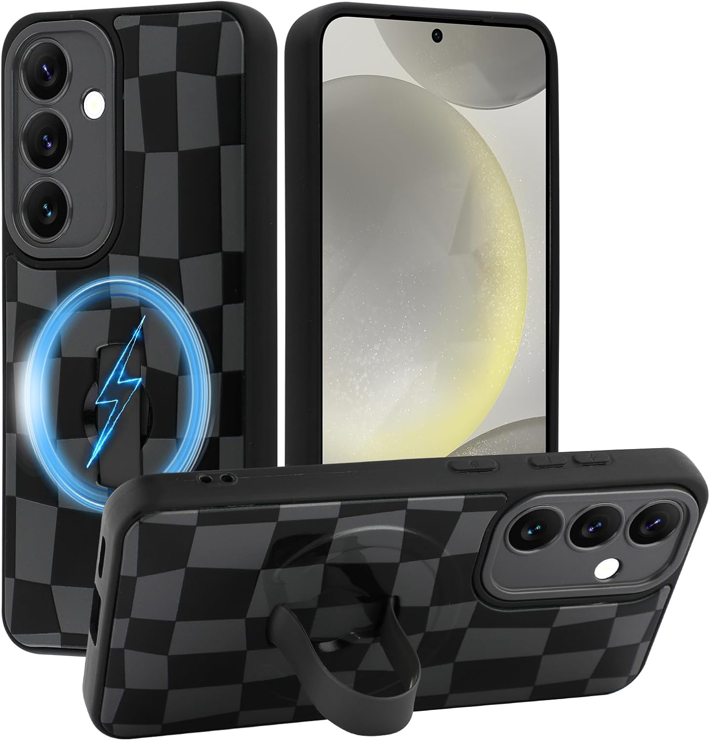 SOKAD Magnetic Checkered Case for Samsung Galaxy S24 with Finger Strap Kickstand, Compatible with Magsafe, Cute Checkerboard Designed for Women Men, Full Camera Protection Cover, Black