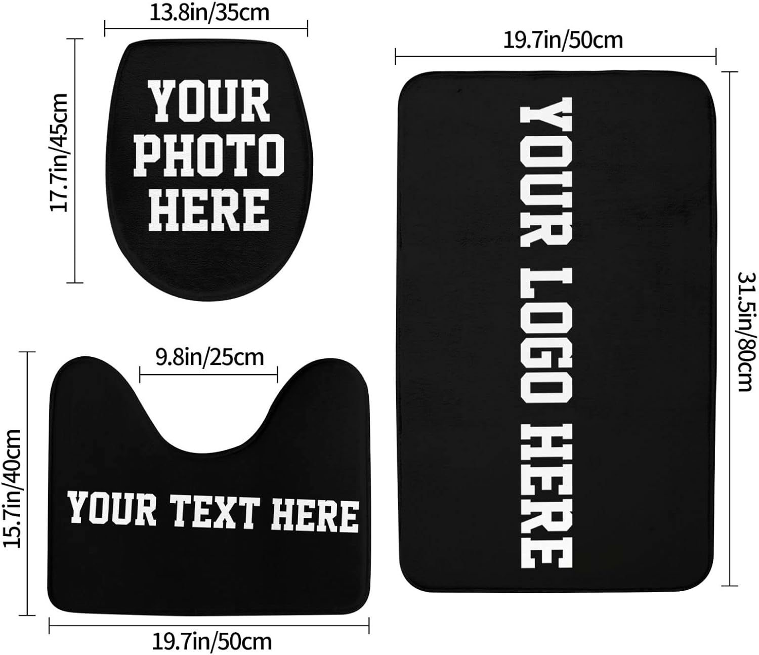 Personalized Bathroom Rugs Sets 3 Piece, Includes U-Shaped Contour Toilet Mat, Custom Bath Rug Design Your Photo Logo Text Non-Slip Bath Mat Set 31.5 X 20 in