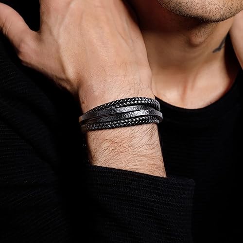 Miniatura 2 de RIOSO 6 pulseras de cuero para hombre de acero inoxidable multicapa trenzadas de cuero negro pulseras para hombres