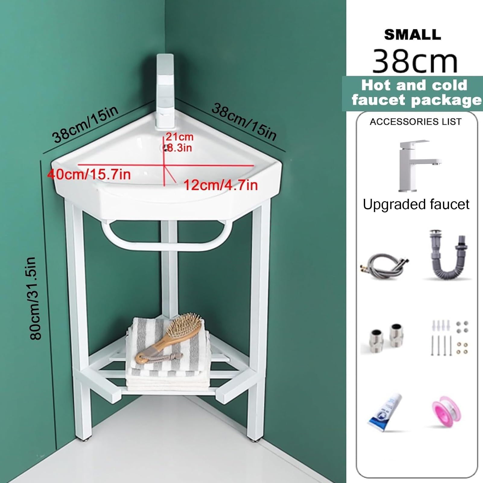 Lavabo d'angle, Meuble-lavabo d'angle en Céramique, Lavabo avec Étagère de Rangement, Lavabo de Jardin Extérieur, Lavabo sur Pied d'angle, Lavabo d'angle Autoportant(15inchx38cm)
