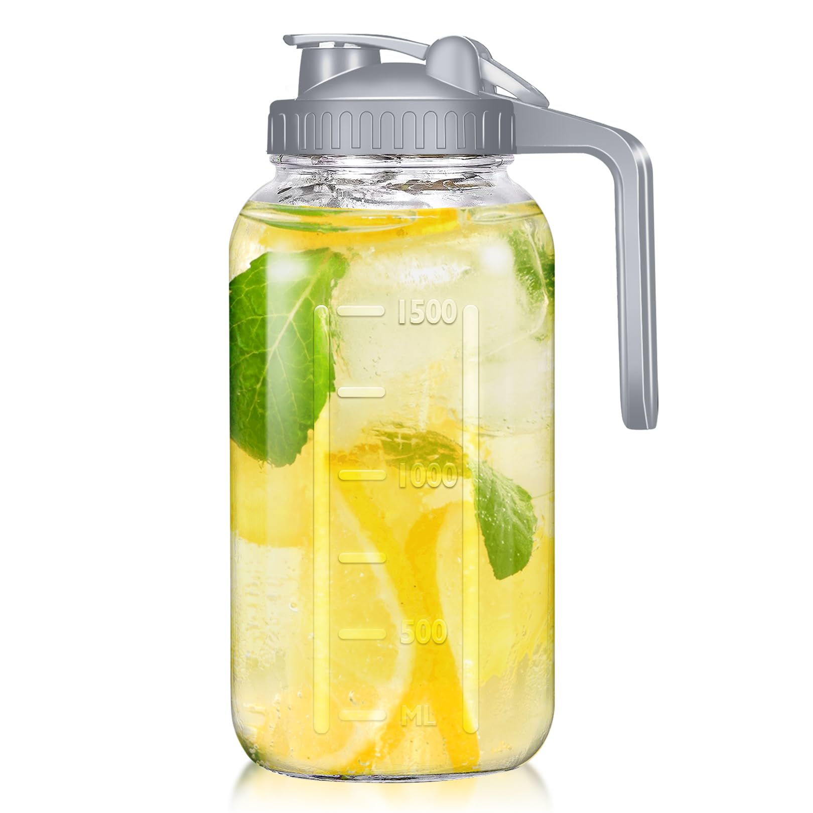 irjeen Glass Mason Jar Pitcher with Lid, 2 Quart/64oz - Breast Milk Pitcher Leak Proof, Heavy Duty Wide Mouth Jar with Pour Spout for Water, Juice, Milk, Tea, Iced Coffee, and Drinks, 1 Pack