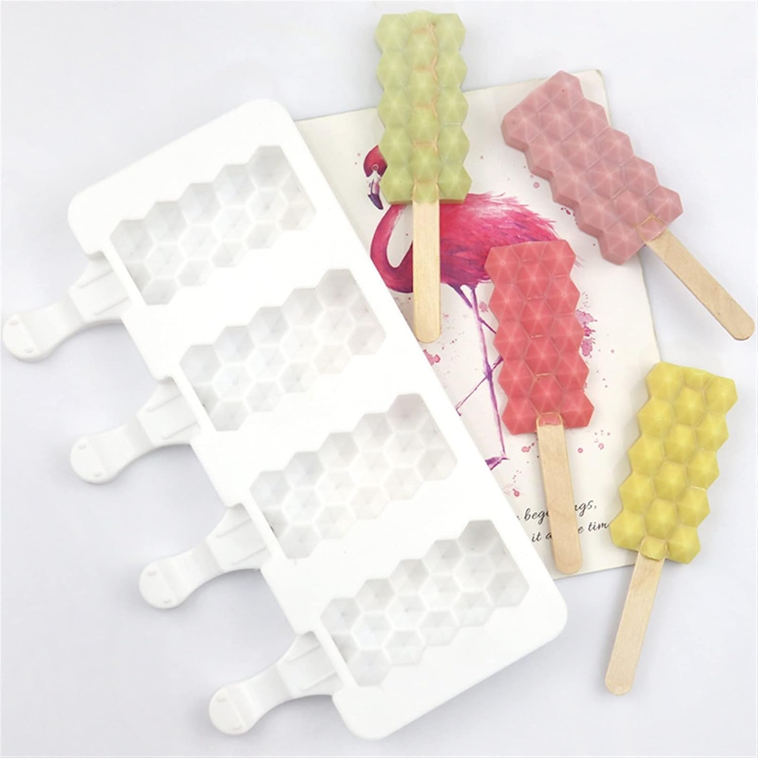 Ice Pop Molds 4 Cavities Diamond Ice Cream Maker Silicone Mold Popsicle Cube Tray Homemade Cheese Pudding Gifts Kitchen Accessories