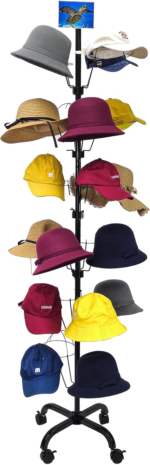 FixtureDisplays® 6-Tier 24 Hat Rotating Hat Display Rack Free Standing Headwear Wig Rack Metal Floor Rack for Caps, Wigs & Hats 20X20X74" 18164-BLACK