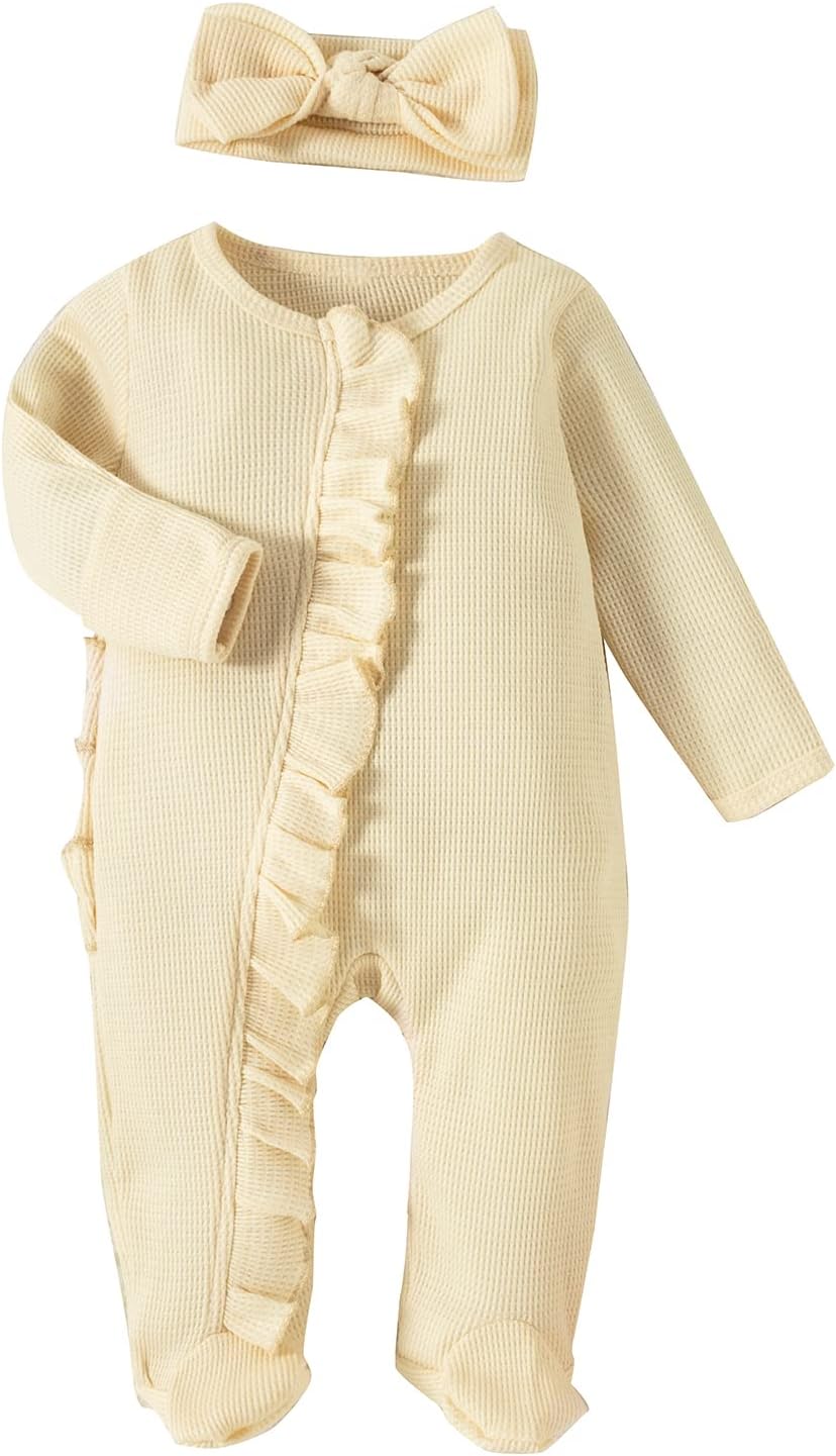 BowanadaclesInfant Baby Girl Footed Jumpsuit Ruffle Footies Cotton Newborn One-piece Romper with Headband