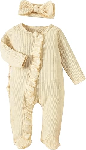 YINGISFITM Traje para recién nacido, para niña y niño, con cremallera y volantes, overol de punto gofre, mameluco de punto gofre, ropa de hospital