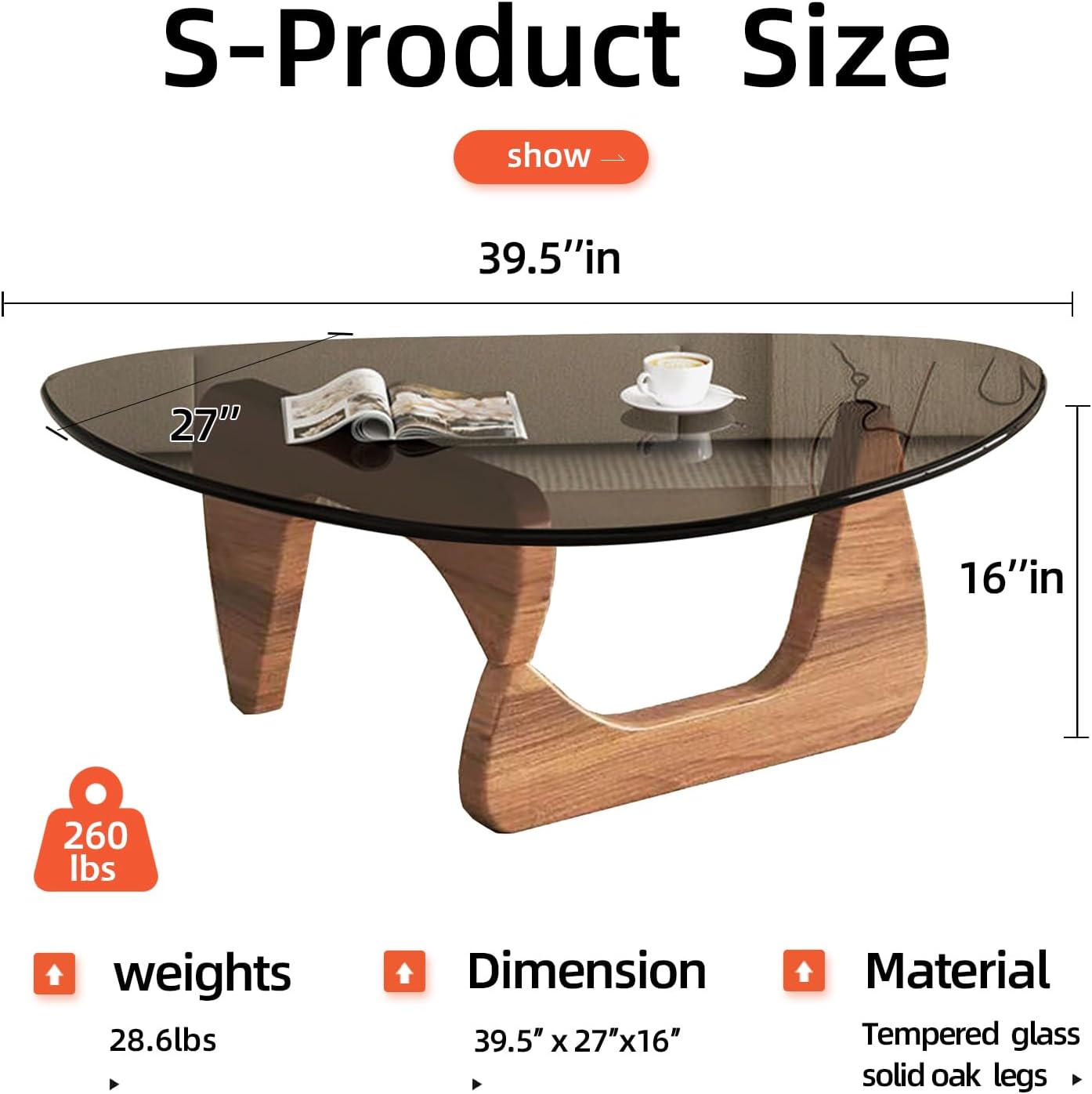 mid century modern glass coffee table, coffee table for living room, noguchi coffee tables,suitable for bedroom living room reception office tables (walnut/grey, ml) walnut/grey ml 39.5 * 27 * 16in