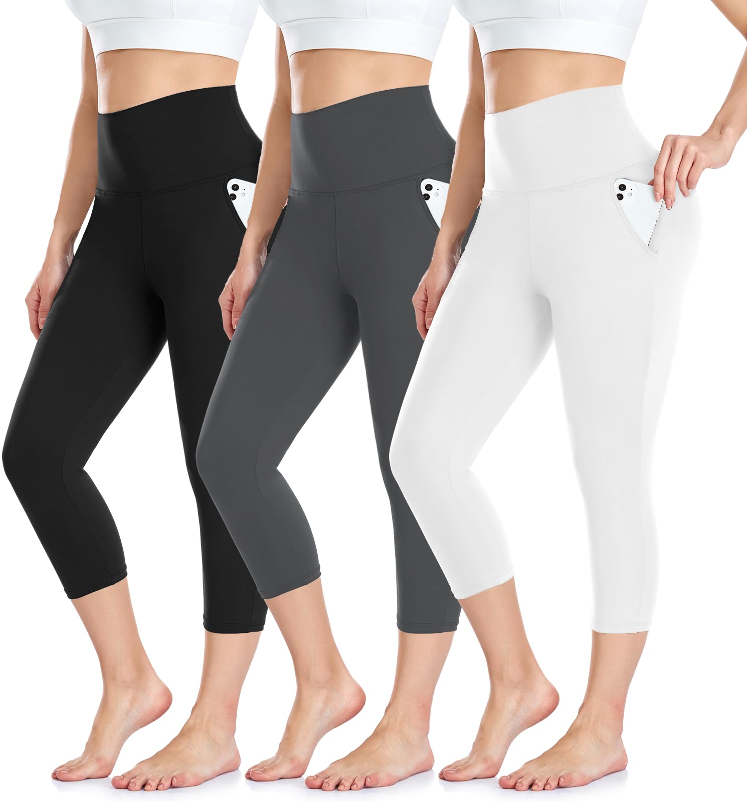 Leggings 3/4 Femme Pantalon de Sport, Jegging Taille Haute Femme Yoga Opaque Doux Capri Leggings avec Poches