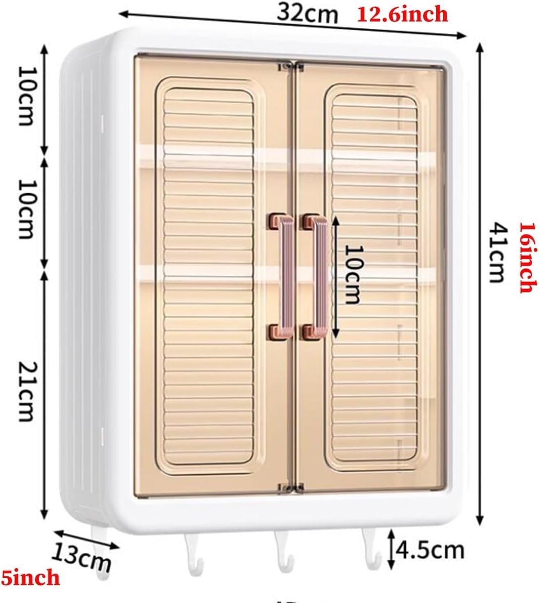 ALLWIN HOUSEWARE W Abs Self-Adhesive No-Drill Bathroom Shelf & Storage Cabinet – Wall Organiser for Bathroom Essentials, Makeup, Skincare with 2 Doors, 32 x 40.5 x 13cm (White, 3 Layer)