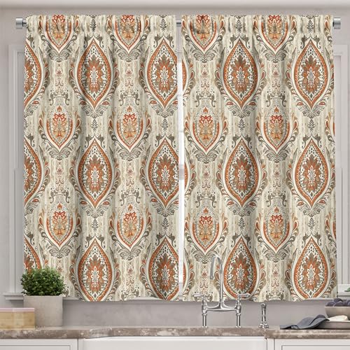Ambesonne Damask Kitchen Curtains, Vintage Swirling Resembling Leaves and Feathers Exotic Style Print, Window Drapes 2 Panel Set for Kitchen Cafe Decor, 55" x 39", Fawn Burnt Orange and Beige