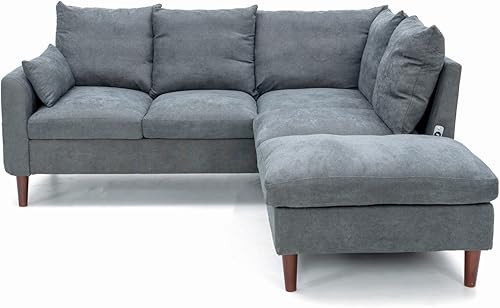 Miniatura 3 de Panana Sofá modular esquinero, sofá de tela de lino en forma de L de 5 asientos con diván de puerto USB integrado (gris, esquina de 5 plazas con