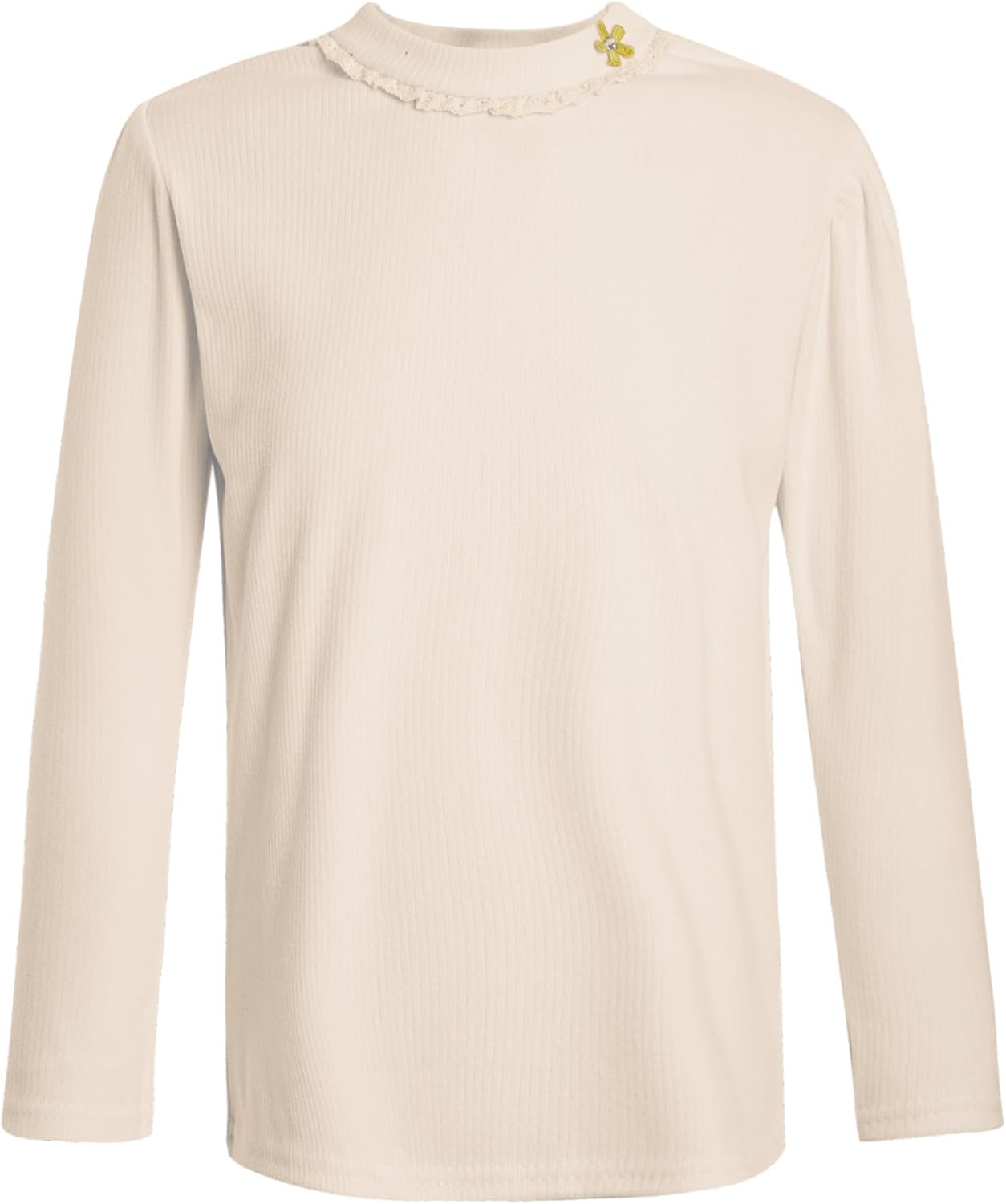 Kids Girls Long Sleeve T-Shirt Casual Round Neck Lace Trim Ribbed Knit Thermal Tops Solid Color Undershirt