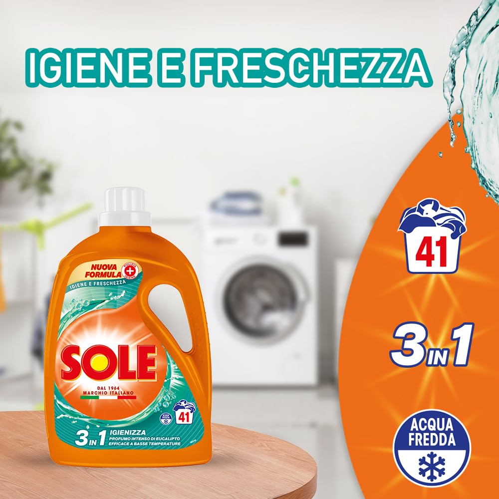 Sole Detergente Lavadora Higiene y Frescura 205 lavados (5 x 41), Fórmula desinfectante, Detergente Lavadora Líquido Higiene y Frescura, contra bacterias y mal olor