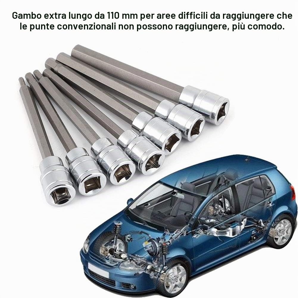 7 pezzi/Set di Chiavi a Bussola Esagonali, Set di punte esagonali, bussola esagonale di precisione durevole con lunghezza extra 110 mm, con attacco 3/4/5/6/7/8/10 mm
