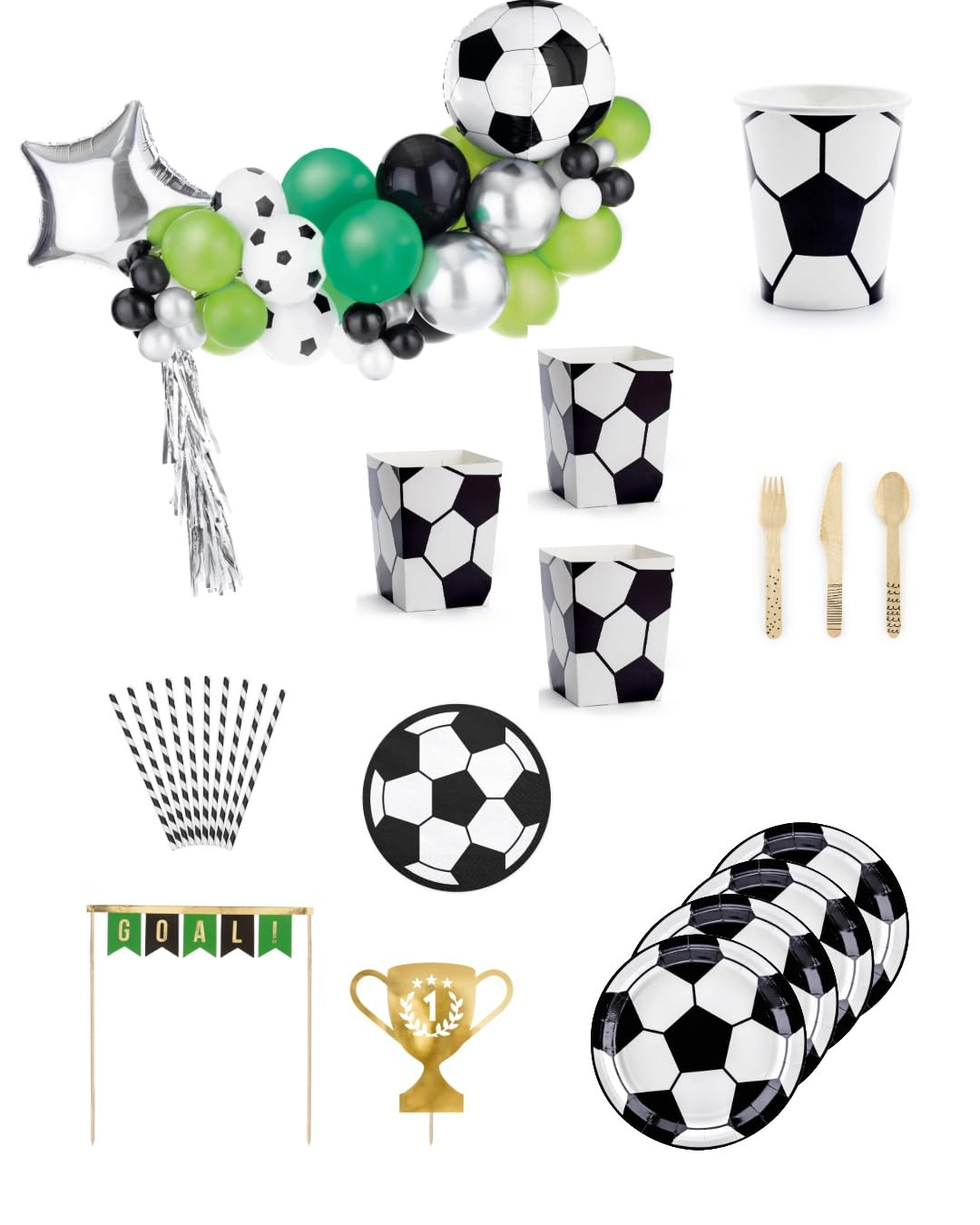 Schiggeria Fußball Party Deko Set - Mini für 6 Personen, Ballongirlande mit Silber-Grün-Schwarz Luftballons 53-teilig, Fußball-Teller und Besteck, Partyzubehör für Fußballmottoparty, Geburtstag