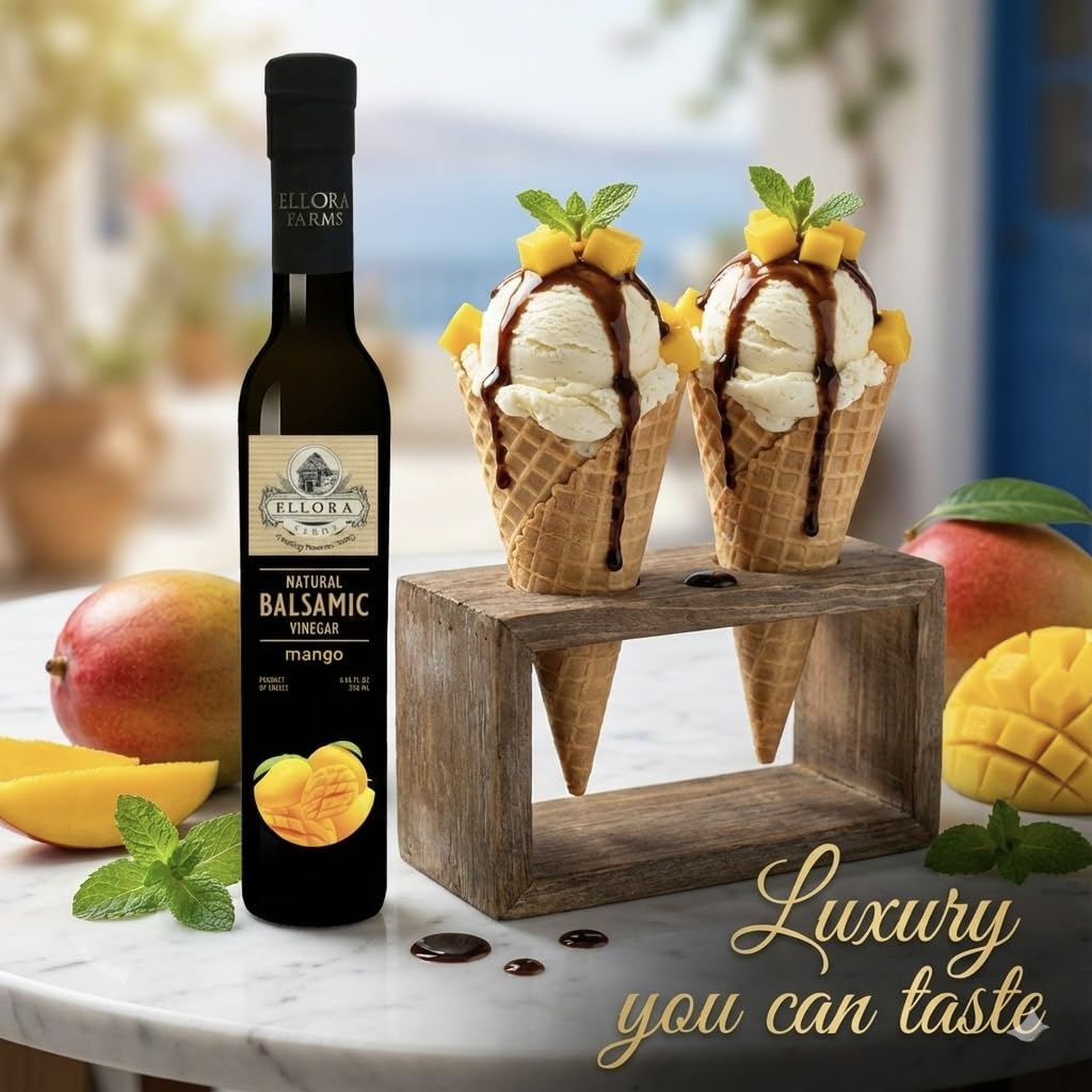 Ellora Farms, Mango fruit Infused Greek Balsamic Vinegar, thick and creamy, no-added sugars, no-preservatives, 8.45 oz. bottle, Pack of 1