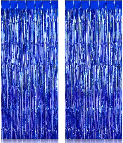 Image of 2 Pack Fringe Curtains Backdrops, Foil Fringe Curtains, Door Streamers for Birthday Wedding Bridal Shower Holiday Graduation Party Decorations, Photo Booth Backdrops, Blue
