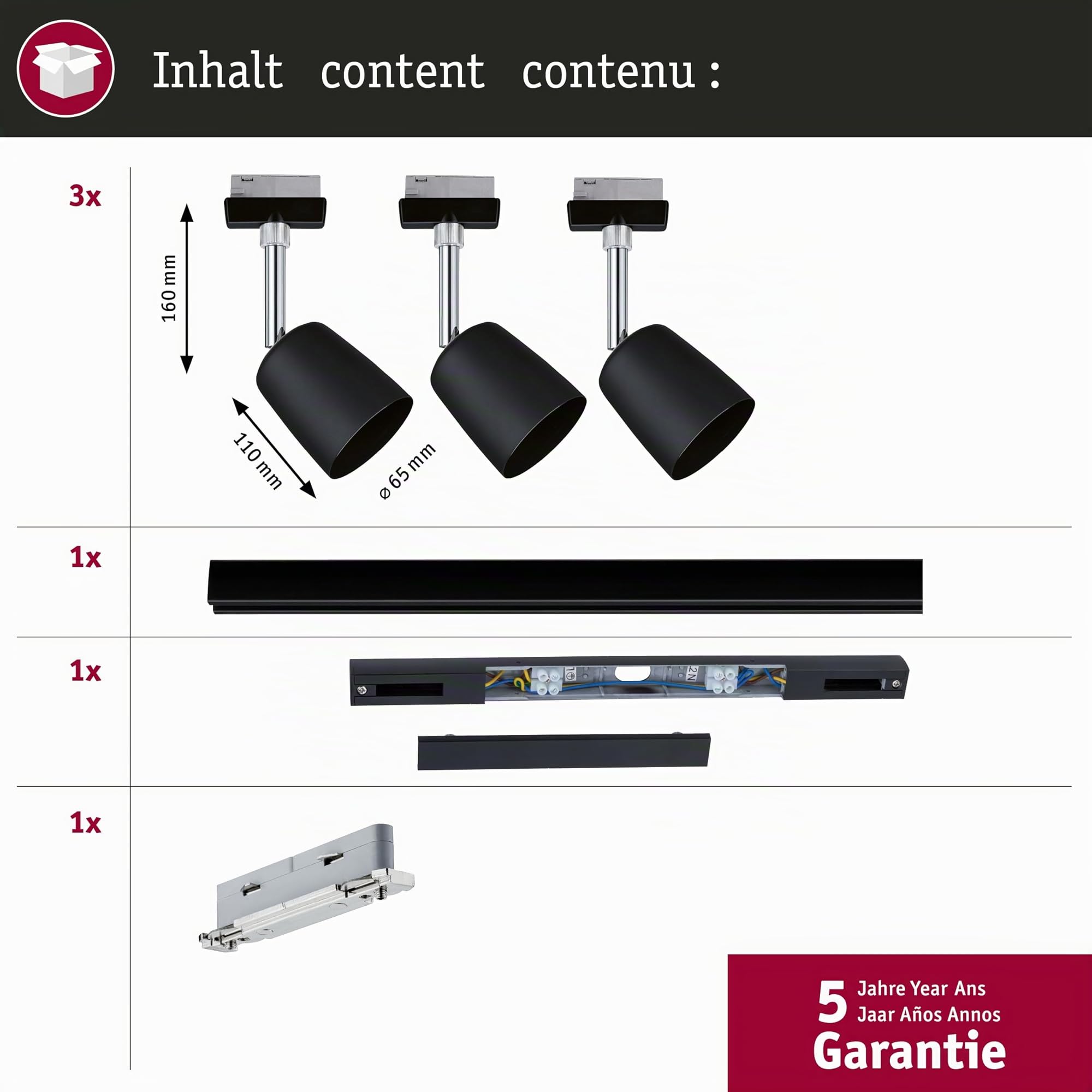 Paulmann 5244 URail Schienenspot Cover Starterset GU10 max. 10W dimmbar 230V Schwarz matt, Chrom