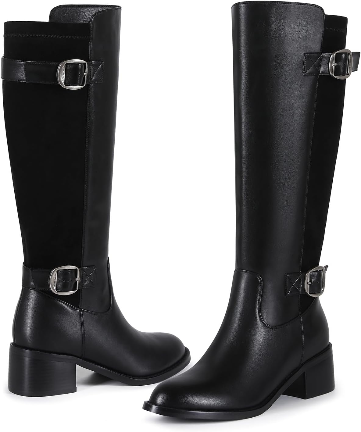 Wide Calf Riding Boots for Women Knee High Tall Boots Faux Leather Suede Panel Stretchy Back Adjustable Buckle Low Block Heel Dress Fashion