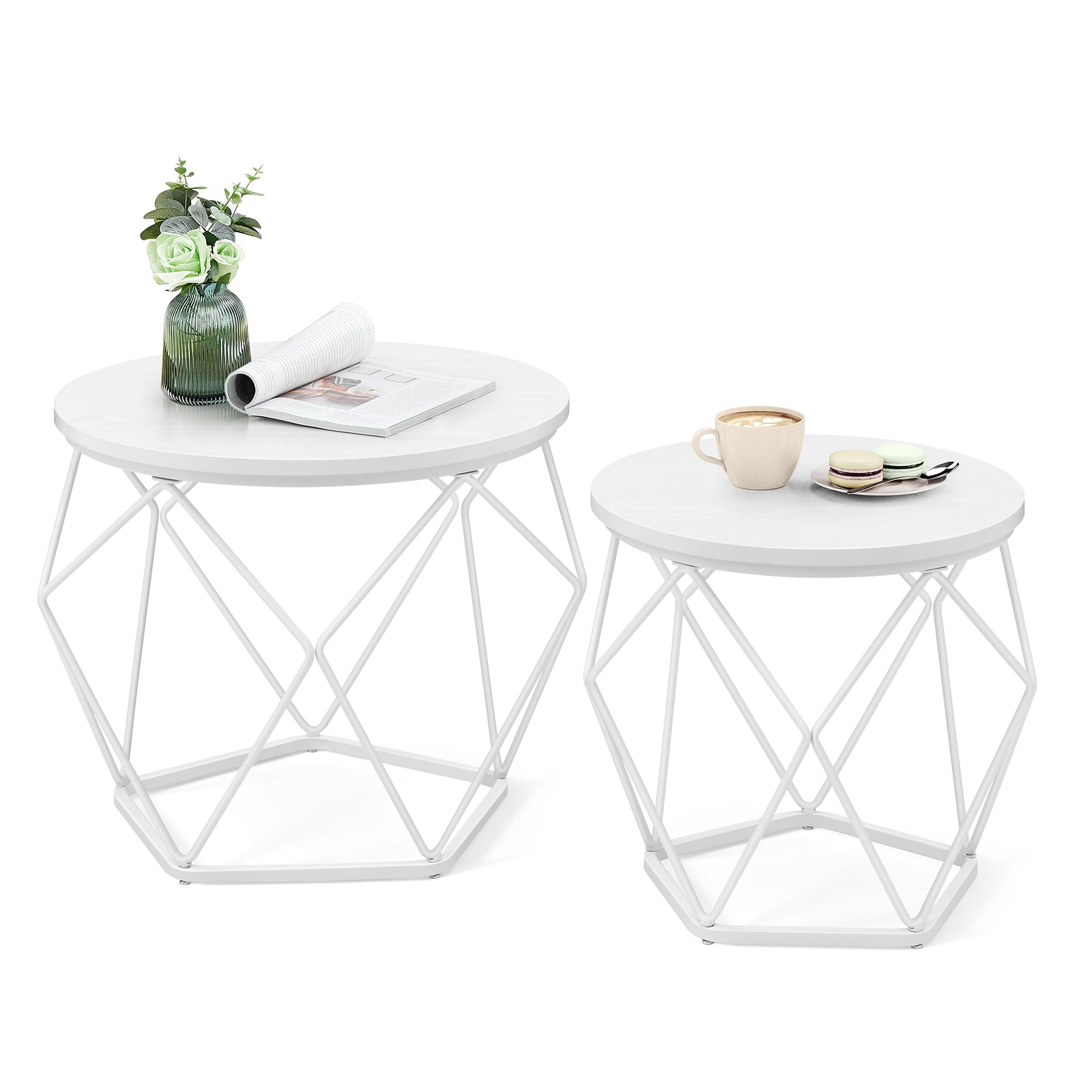 VASAGLE Round Coffee Table, Set of 2, Side Table, Sofa End Table, Modern Style, Removable Top, Steel Frame, for Living Room, Snow White and Cloud White LET040W46
