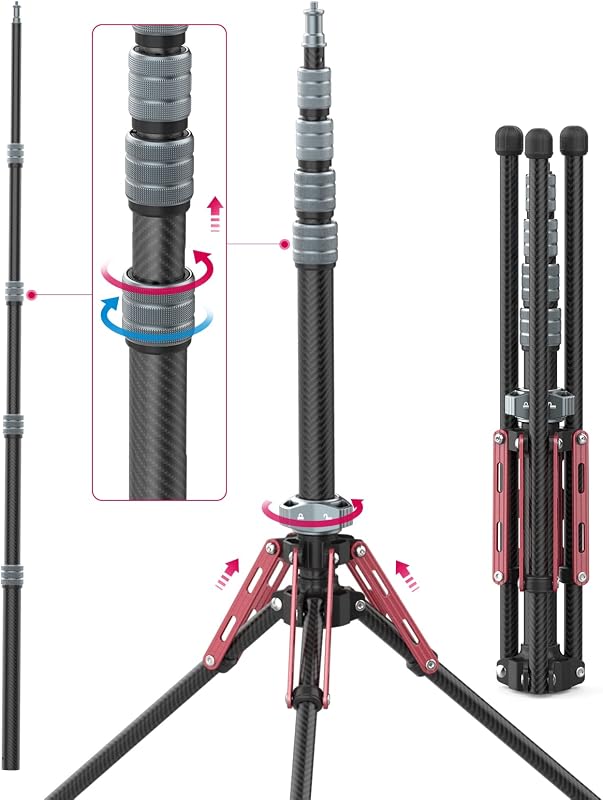 Light Stand Carbon Fiber MT-49, Adjustable Tripod Stand for Photography with Phone Clip, 194cm/76.4inch Studio Sturdy Tripod for Speedlight Flash Softbox Strobe Light Camera with Carrying Bag