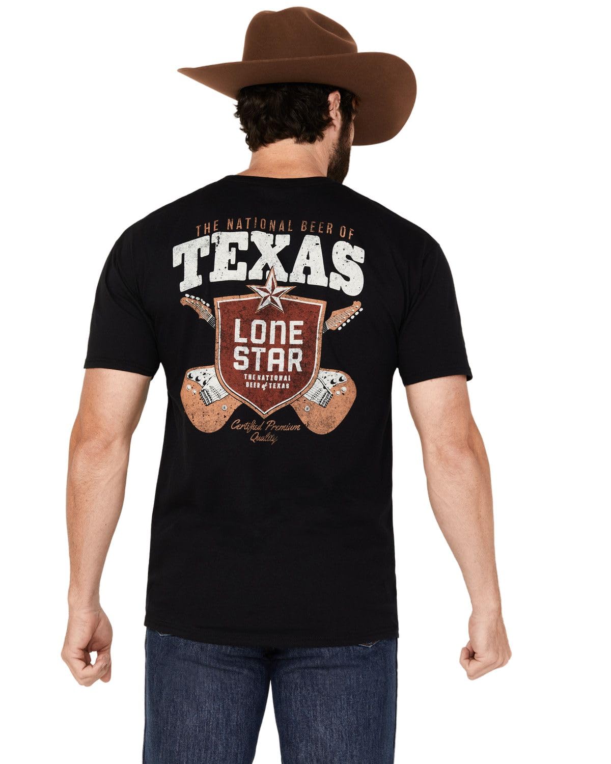 Changes Lone Star Beer Texas Tunes Front and Back Print T-Shirt (UK, Alpha, L, Regular, Regular) Black
