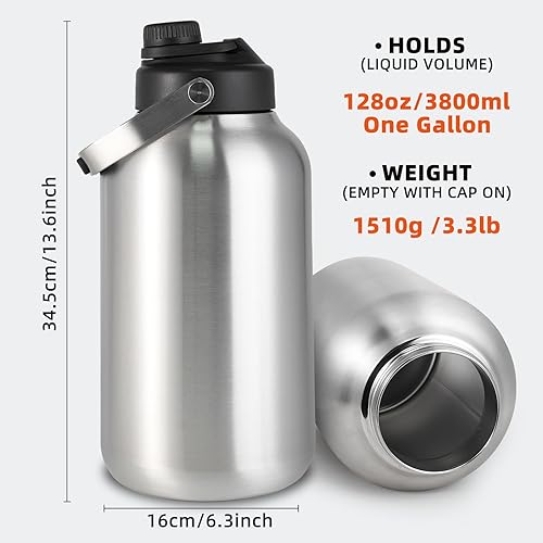 Miniatura 6 de Botella de agua de un galón, botella de agua aislada de acero inoxidable de 128 onzas para bebidas calientes y frías, sin BPA, boca ancha, jarra de
