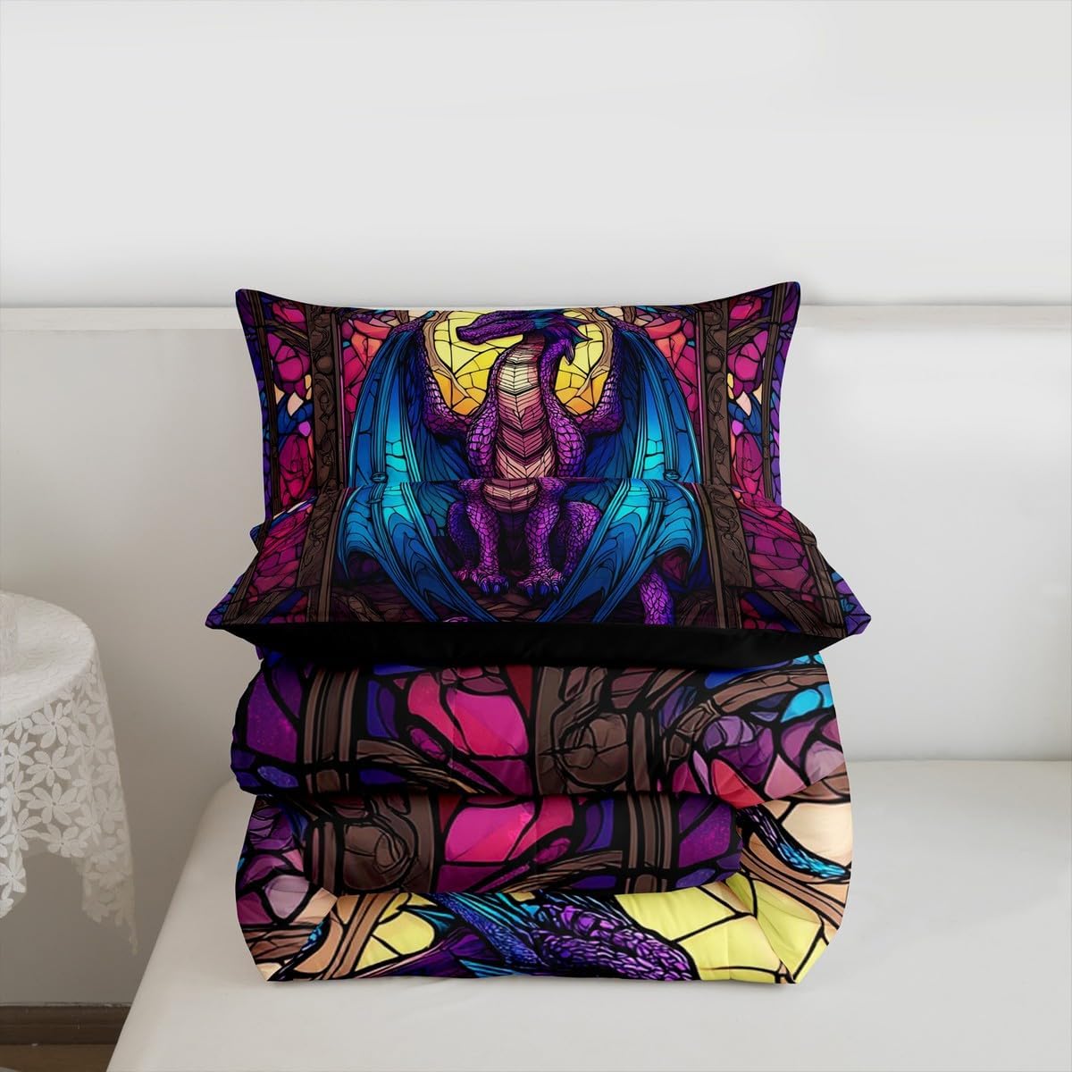 Feelyou Dragon Kids Comforter Set Twin Size Diamond Painting Bedding Set Vintage Duvet Quilt for Kids Boys Girls Bedroom Blue Purple Decor Microfiber Ultra Soft Breathable