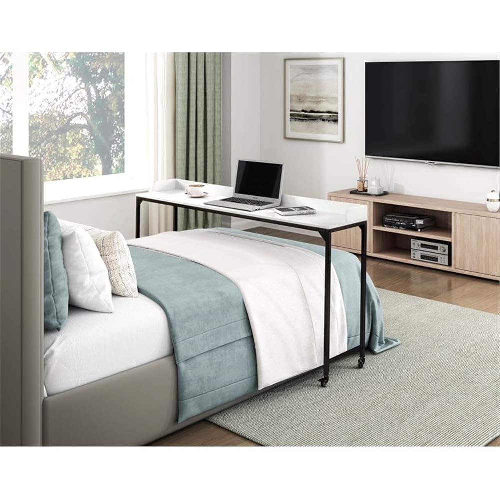 Pemberly Row Adjustable Height Over-The-Bed Desk with Castors in White