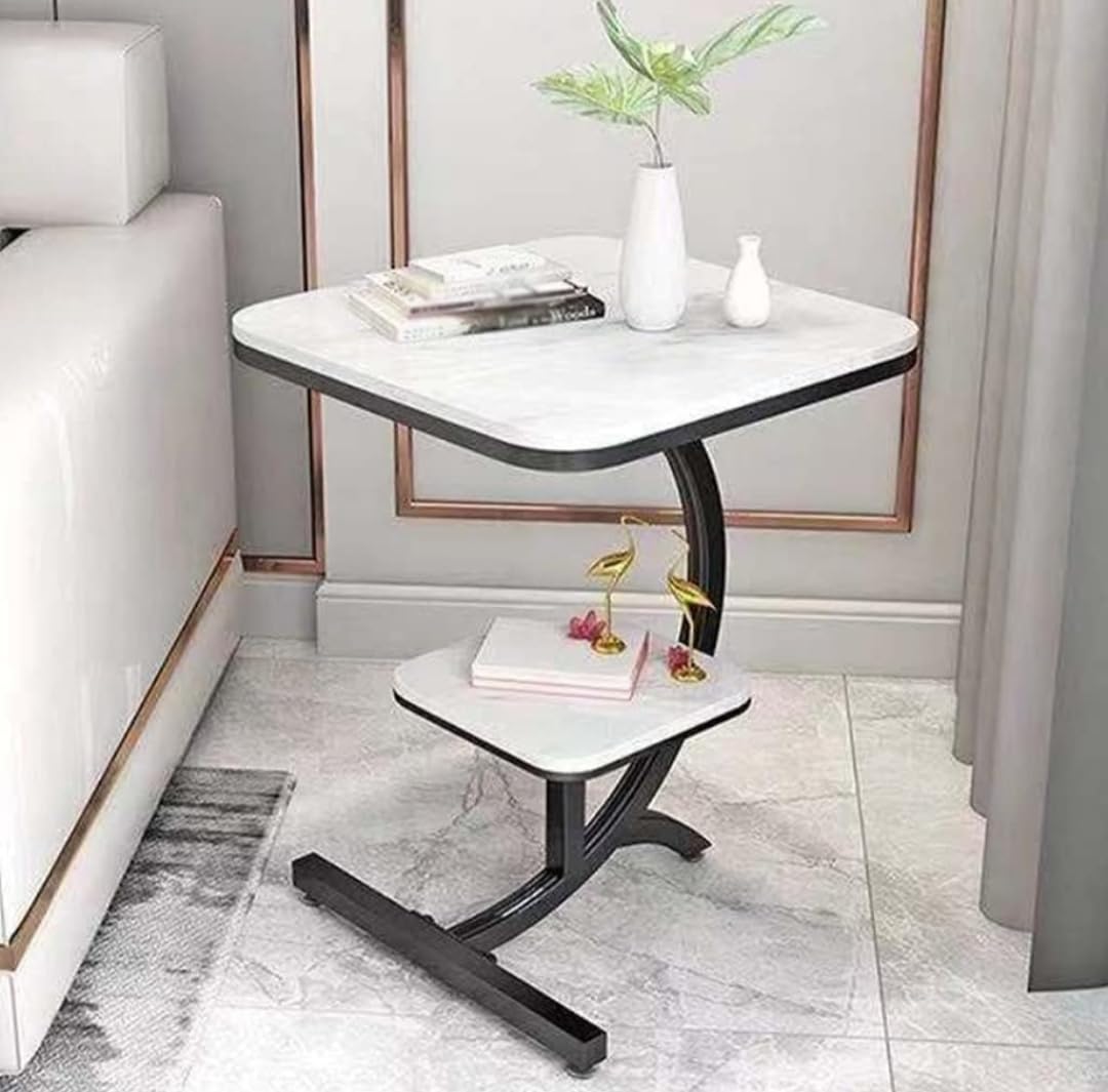 VUHOME Modern 2-Tier Side Table with Marble White Top, Black Metal Frame, Contemporary End Table for Living Room-image-38