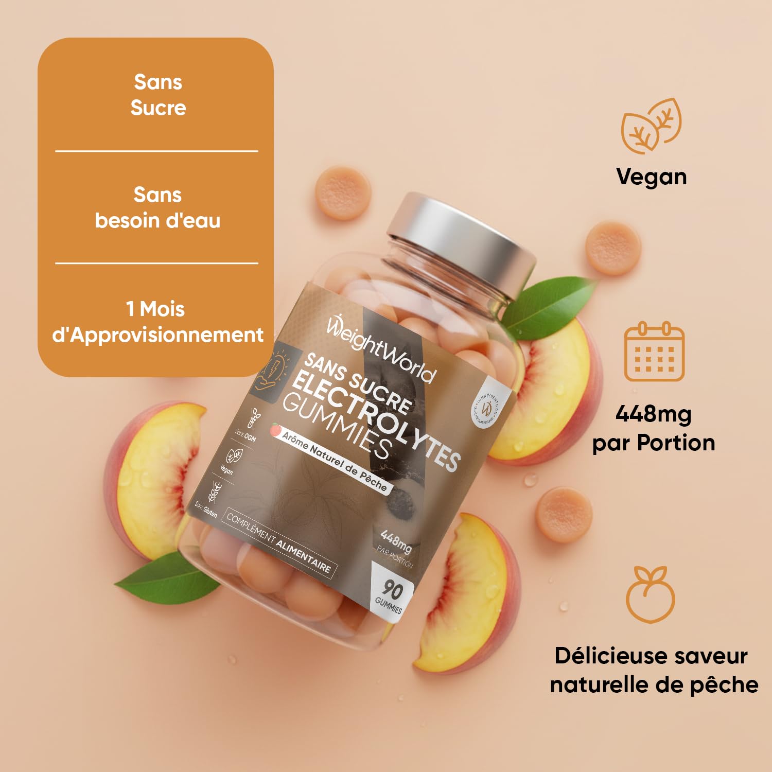 Gummies Electrolyte sans Sucre, 90 Gummies, 448mg par Portion - 5 Électrolytes : Potassium Calcium Magnésium Sodium Chlorure - Arôme Naturel Pêche, sans OGM, sans Gluten - Fabriqué par WeightWorld