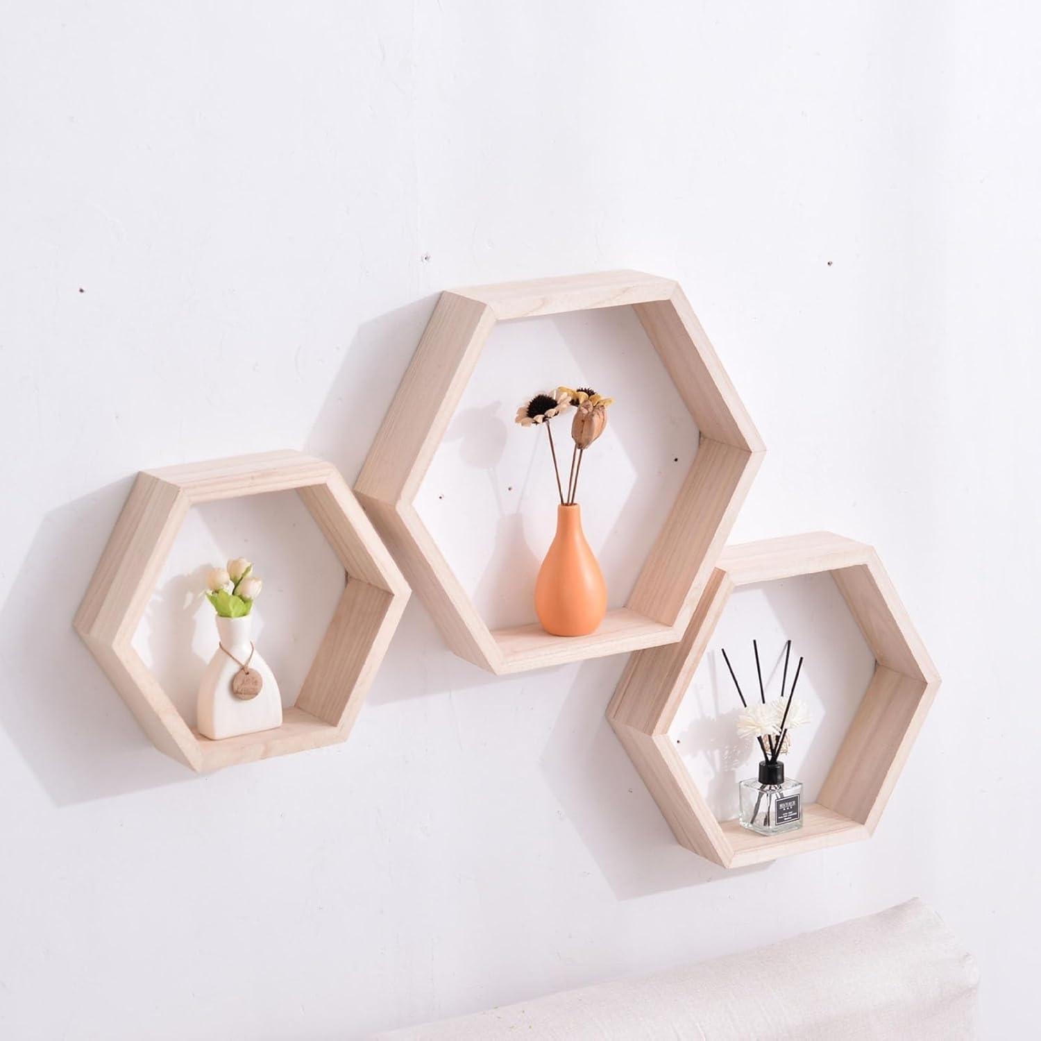 Hexagon Wooden Shelves Set of 3 Geometric Floating Wall Shelf Rustic Brown Honeycomb Design for Bedroom Living Room Office - Small, Medium, Large(Walnut)