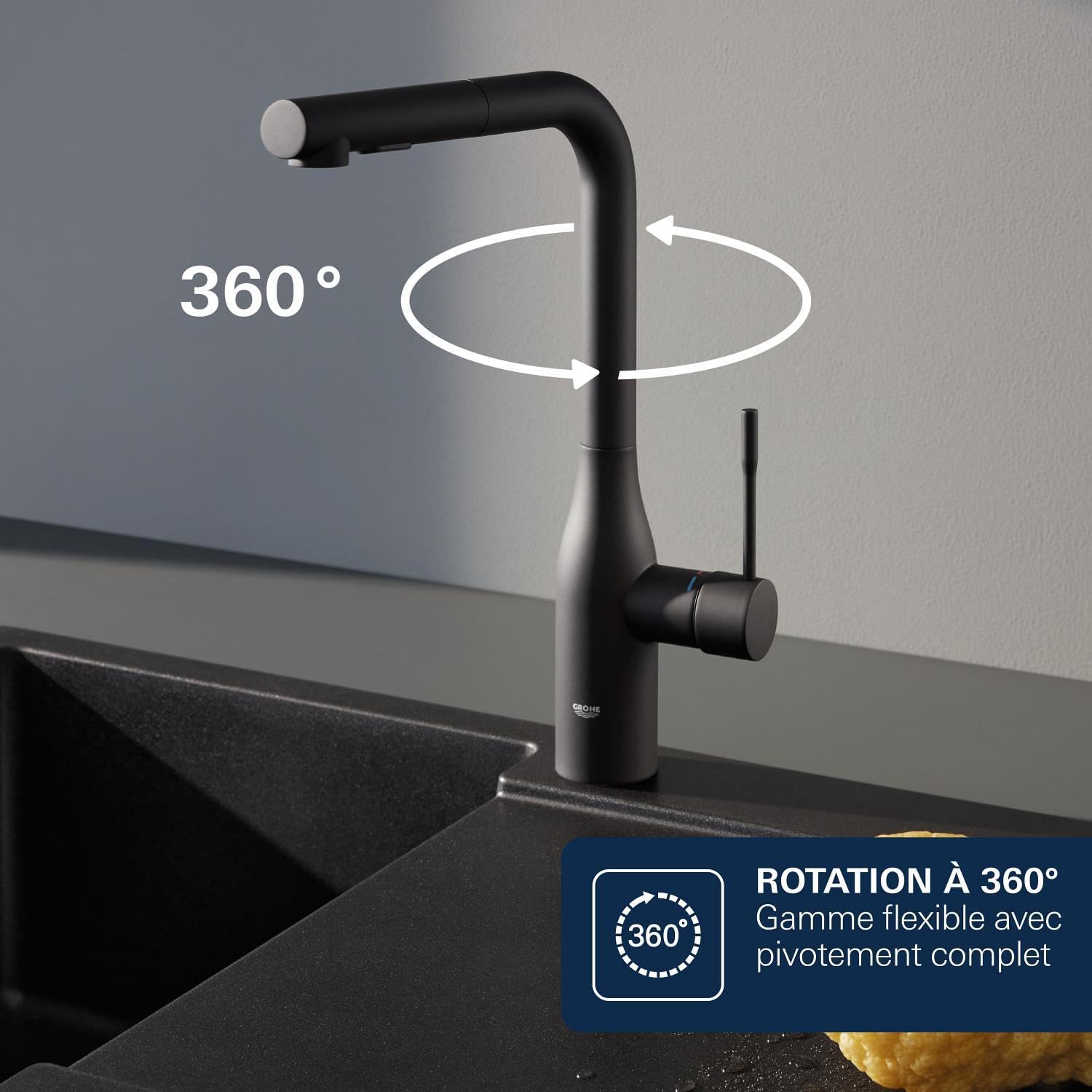 GROHE Essence Mitigeur de Cuisine avec Douchette Extractible (Bec Haut en L, Double Jet, Rotation 360°, Cartouche Céramique 28 mm, Protection Anti-Retour, Flexibles 3/8") Noir Mat, 302702430