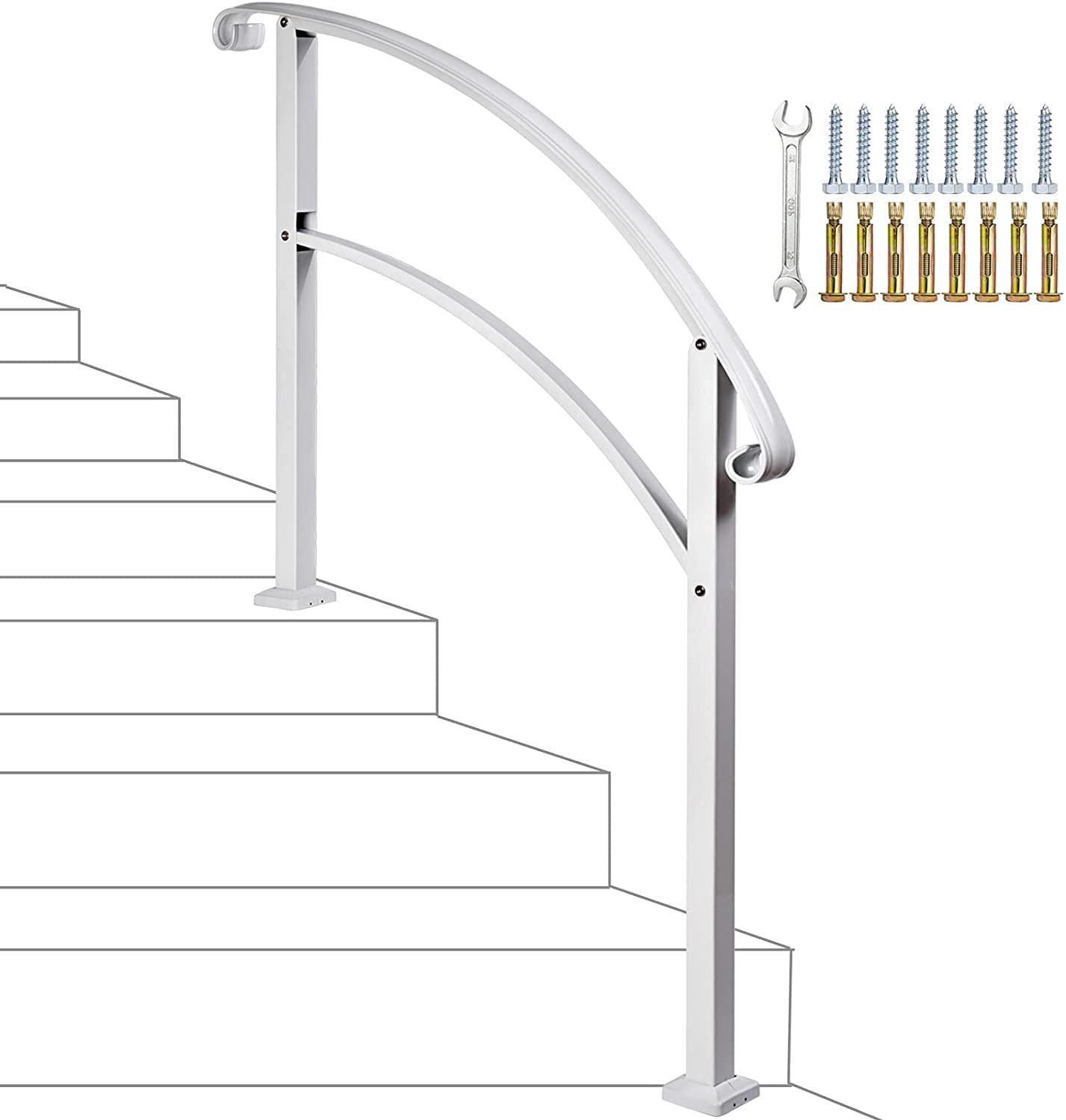 4 Step Handrail,Mattle Wrought Iron Handrail 1 or 4 Step,Stair Rail with Installation Kit, Hand Rails for Outdoor Steps,White, 4FT
