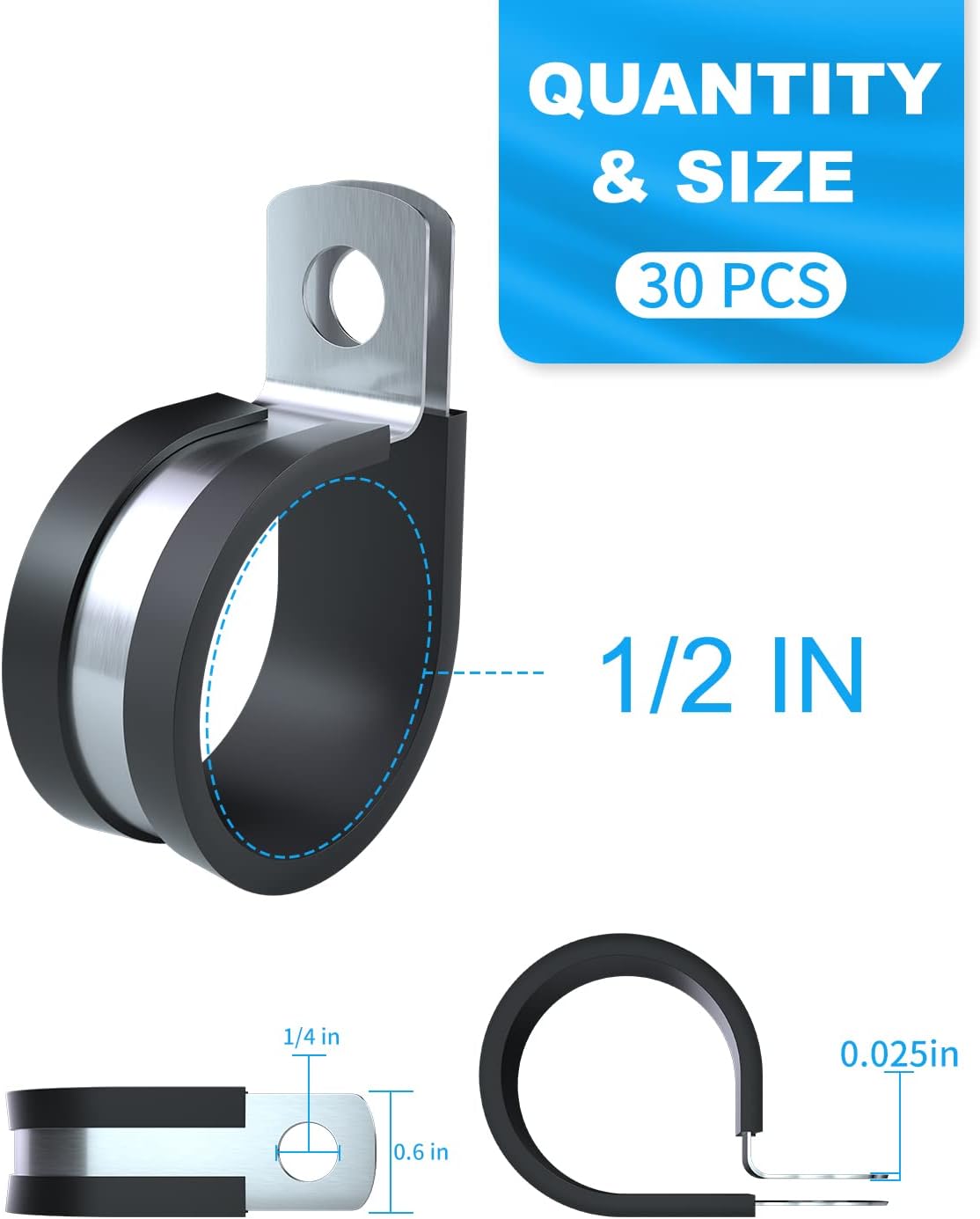 Buy Stainless Steel Cable Clamp 30PCS 1/2 Inch Rubber Cushioned