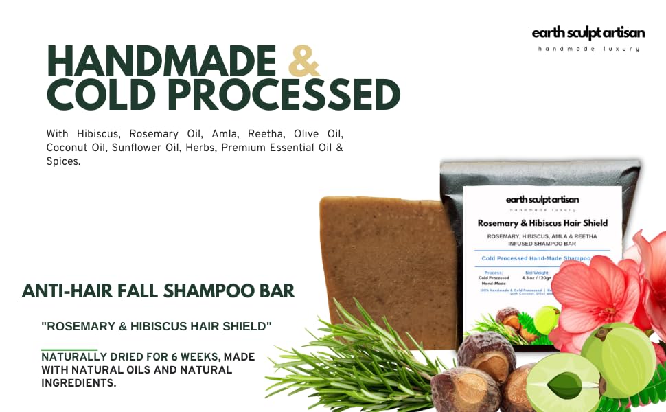 Image of Rosemary & Hibiscus Shampoo Bar for Hairfall & Dandruff Control | Handmade, Cold Processed with Amla, Reetha & Tea Tree Oil | Sulphate & Paraben Free -120g