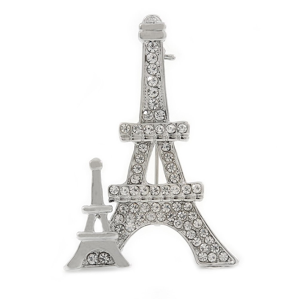 Avalaya Silver Plated Clear Crystal Eiffel Tower Brooch - 50mm L