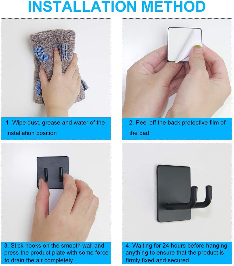 Yikla Shower Hooks, Adhesive Wall Hooks for Hanging Keys, Hats, Sticky Bathroom Hooks, Black Towel Hooks, 4 Pack