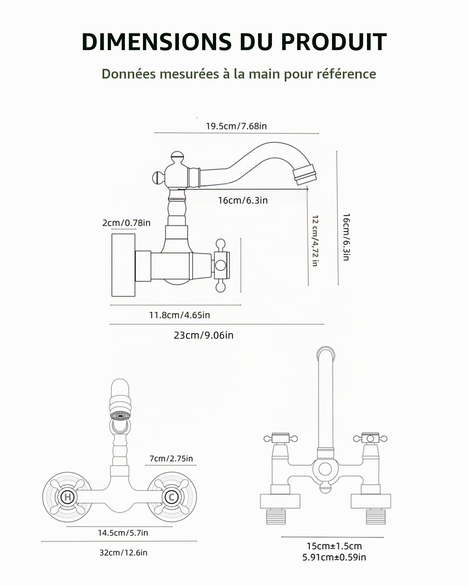 Rétro Robinet Cuisine Mural Laiton Antique à Deux Poignées