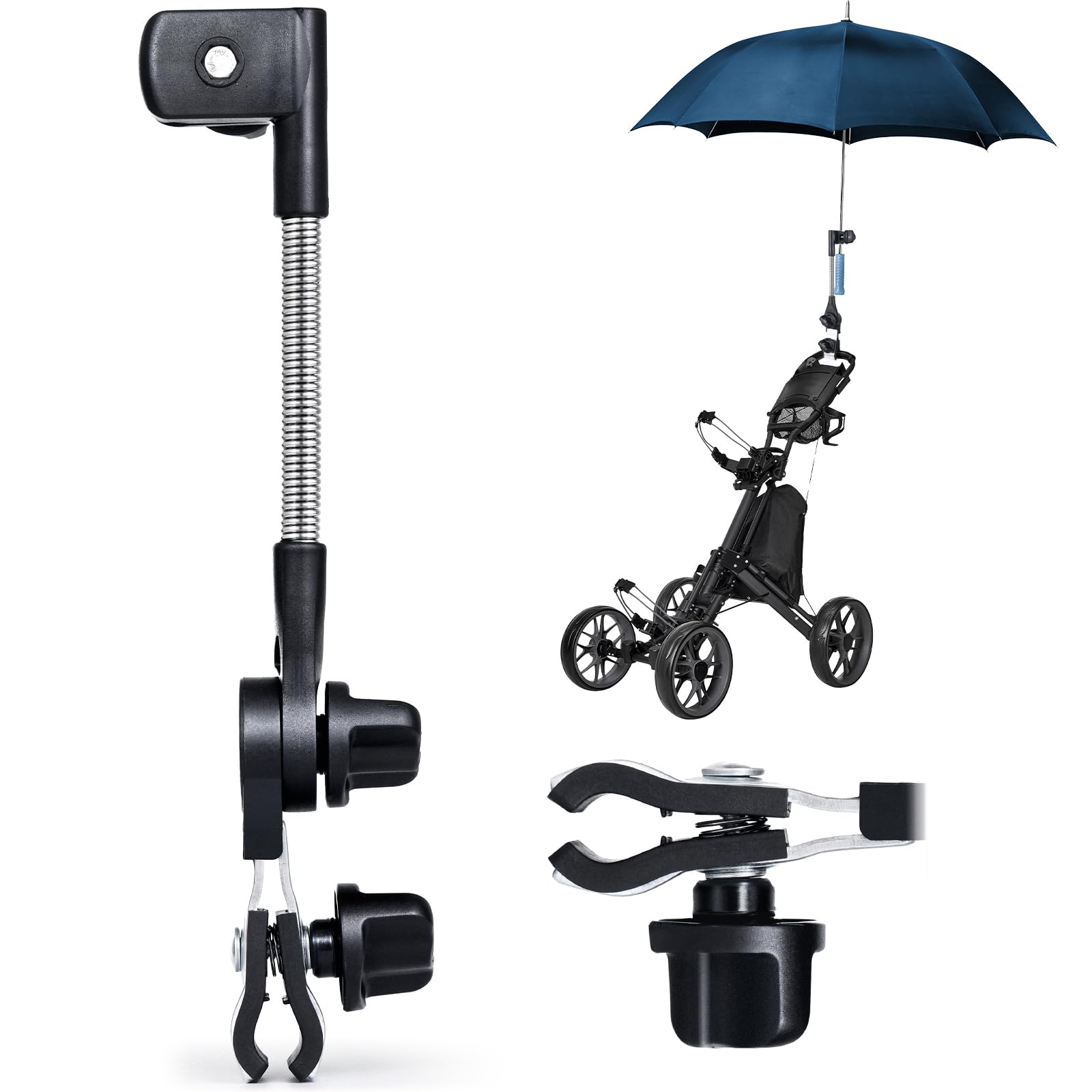 nediea Golf Umbrella Holder for Trolley, Adjustable Pram Connector Clip to Handlebar, Umbrella Stand for Stroller, Baby Pram Umbrellas Attachment, Universal Clamp for Buggy, Wheelchair, Pushchair