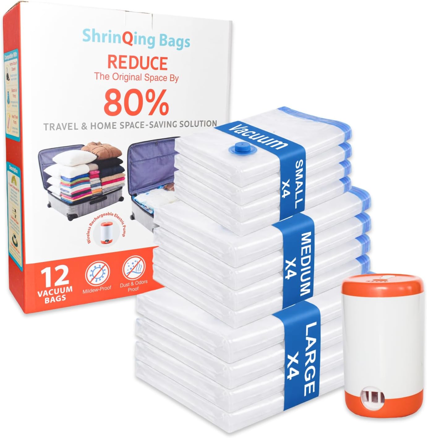 ShrinQing Vacuum Storage Bags - with Electric Pump – Compression Vacuum Seal Bags for Travel, Luggage & Closet Organization – Space Saver Bags Set, 3 Sizes – Airtight, Reusable