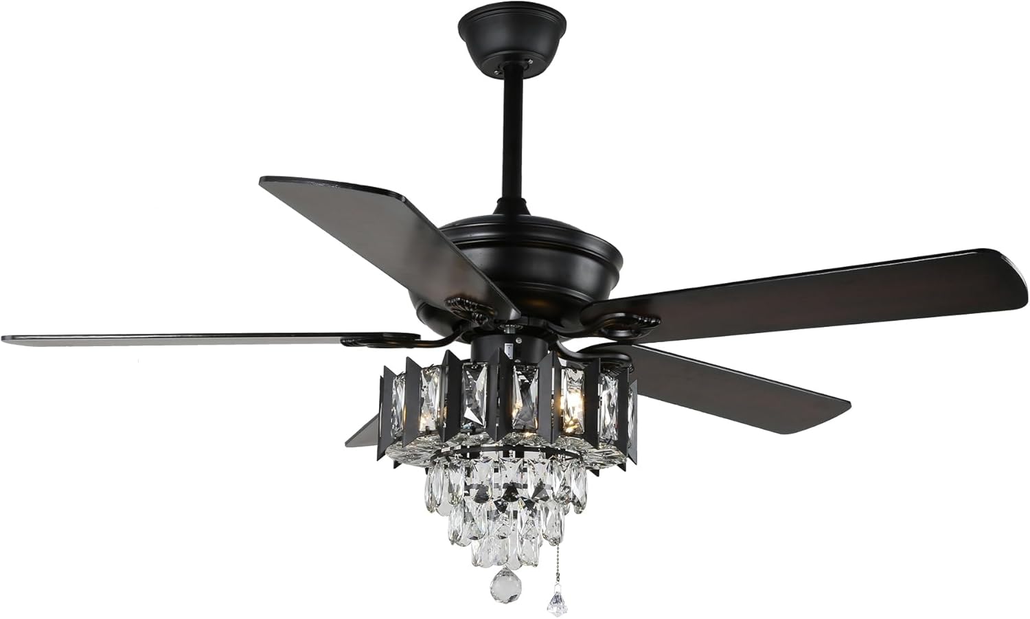Fully assembled Bella Depot 52-inch Modern Reversible Crystal Ceiling Fan with black blades and crystal light kit, viewed ti hiji sudut.