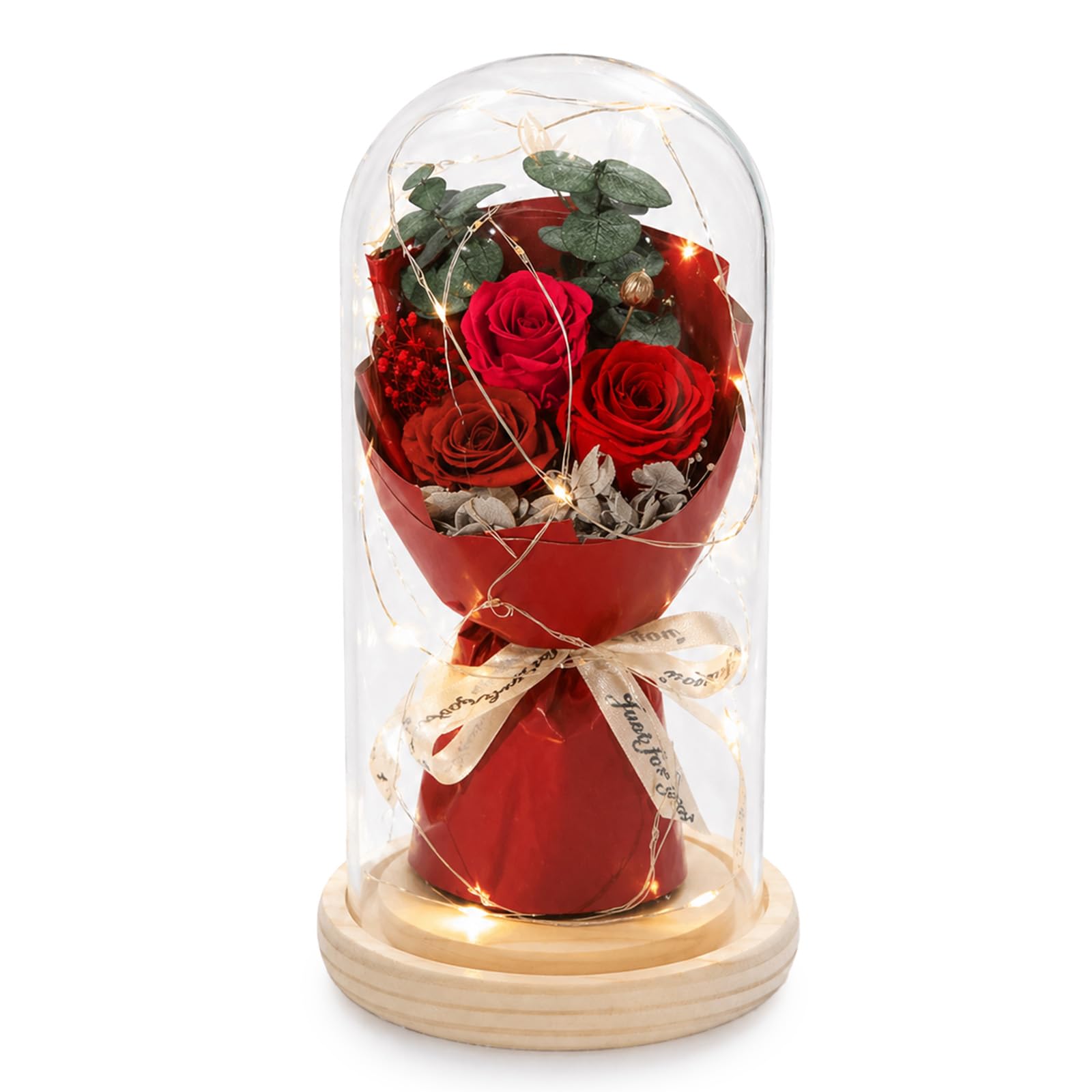 Lian Preserved Flowers in Glass Dome for Her for Women Birthday Gifts for Mom LED Light Romantic Home Decoration Natural Dried Real Flowers