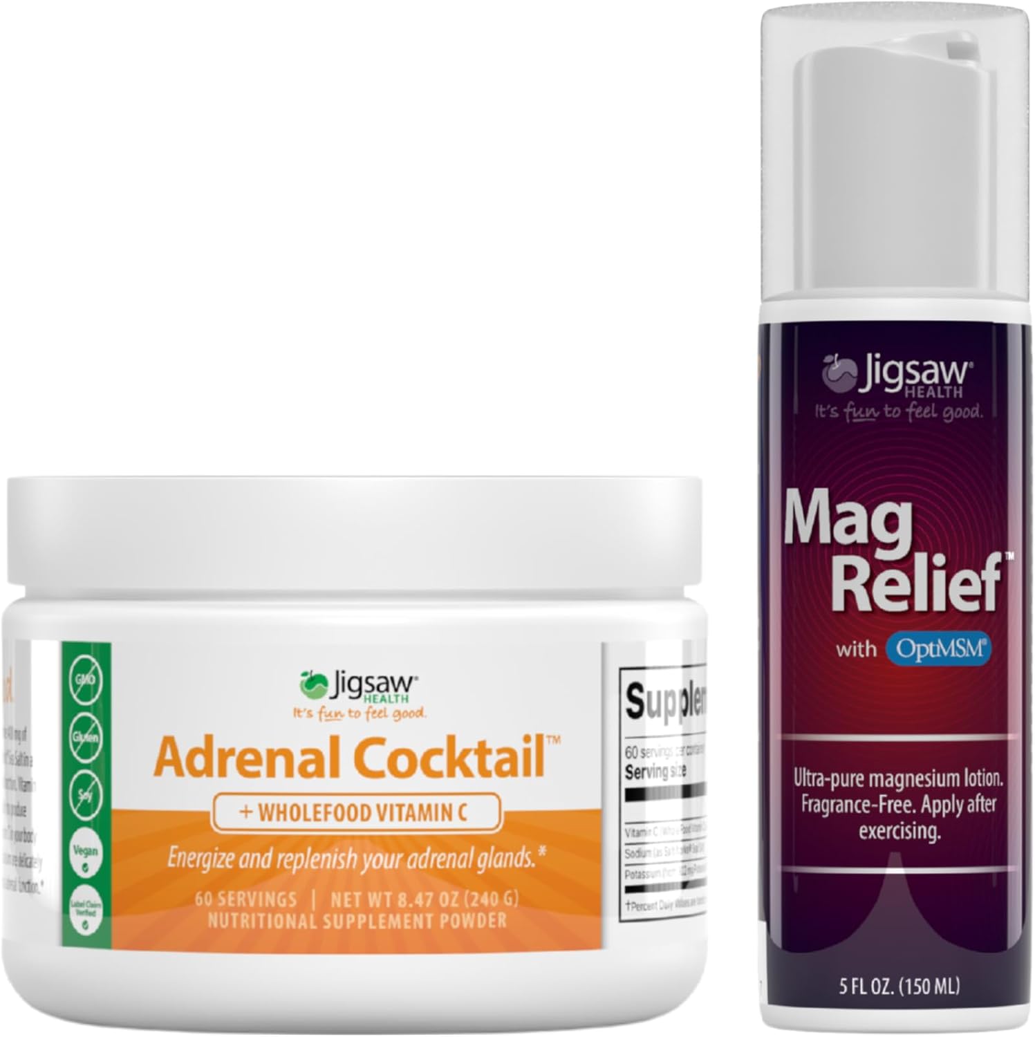 Jigsaw Health Bundle | Adrenal Cocktail, 60 Servings (Jar), and MagRelief, 5 Ounces (Lotion)
