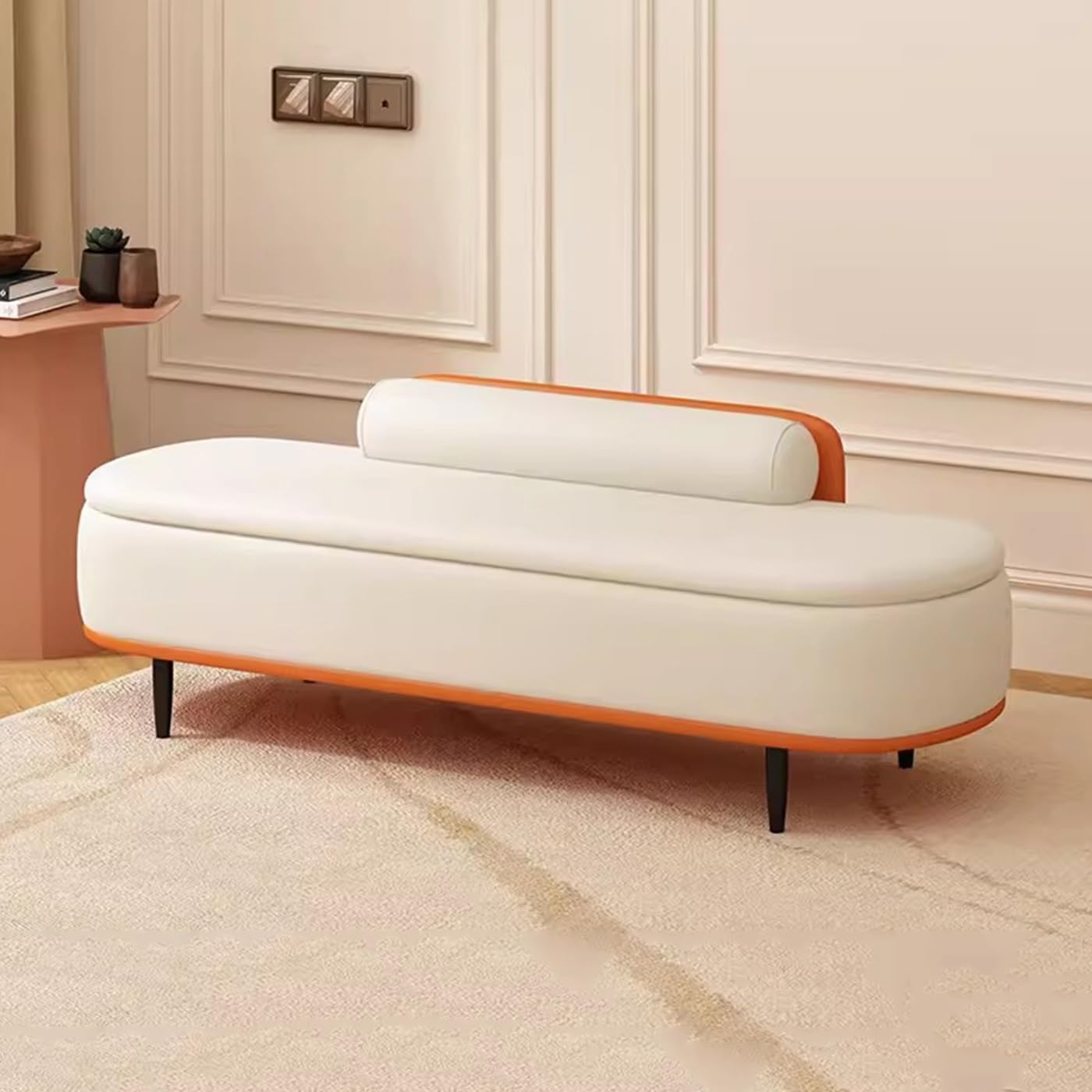 ZHANGshouf Modern Faux Leather Ottoman Storage Bench with Lumbar Pillow Entryway Seat and Footrest Stool for Living Room Beige and Orange 60cm