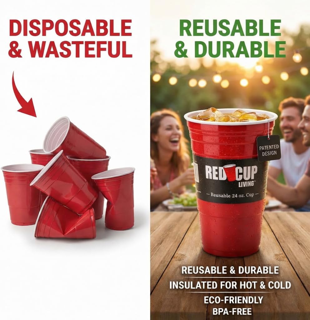 Red Cup Living 24 oz Reusable Party Cup with Lid & Straw, Leak-Resistant Unbreakable Tumbler, Patented Design, st patricks day accessories & spring break essentials - Image 5