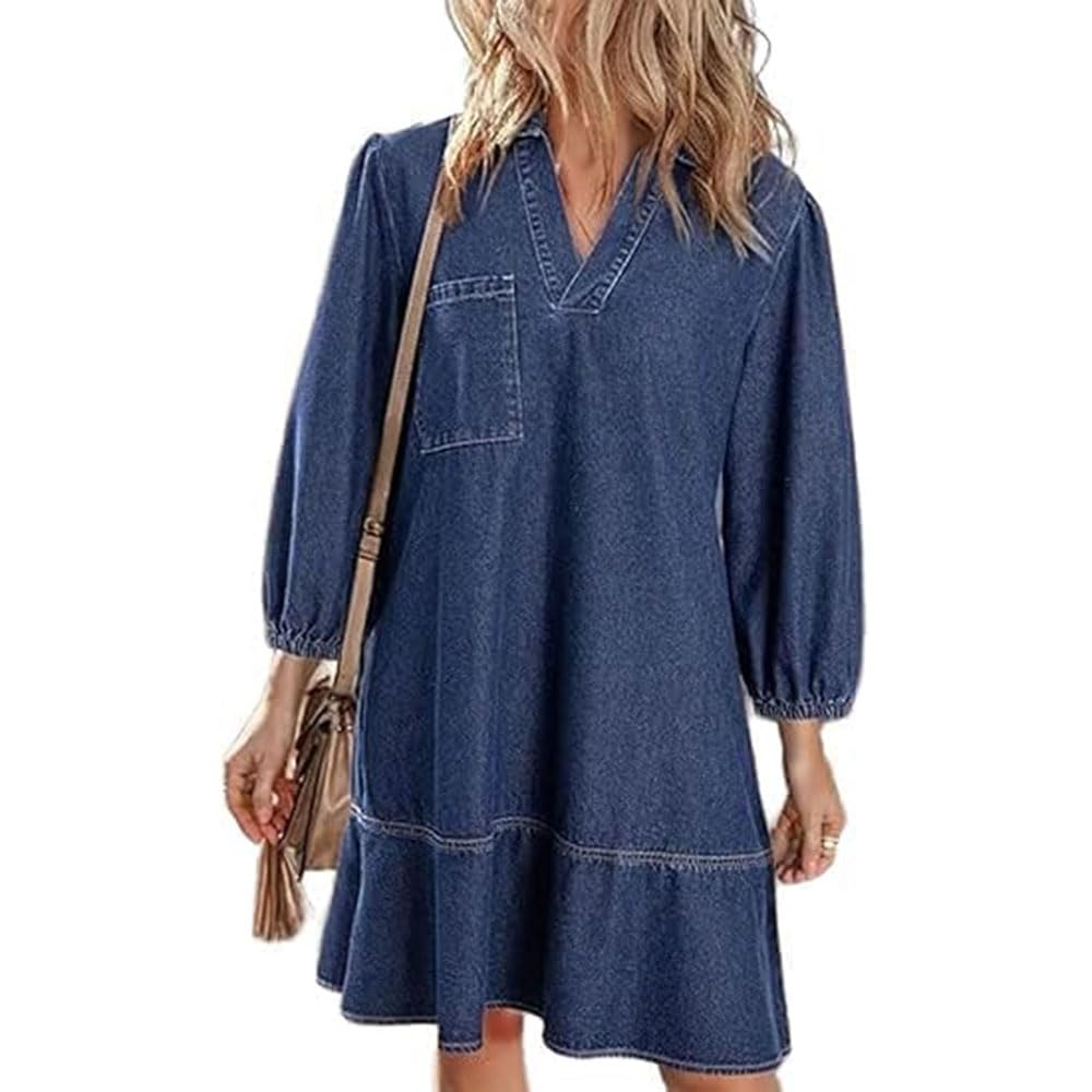 Vestido Vaquero con Capas, Cuello en V y Mangas abullonadas para Mujer, Vestidos Vaqueros con Volantes y Mangas 3/4, Vestido Vaquero Camisero Holgado de Verano con Bolsillos. (Lndigo,S)