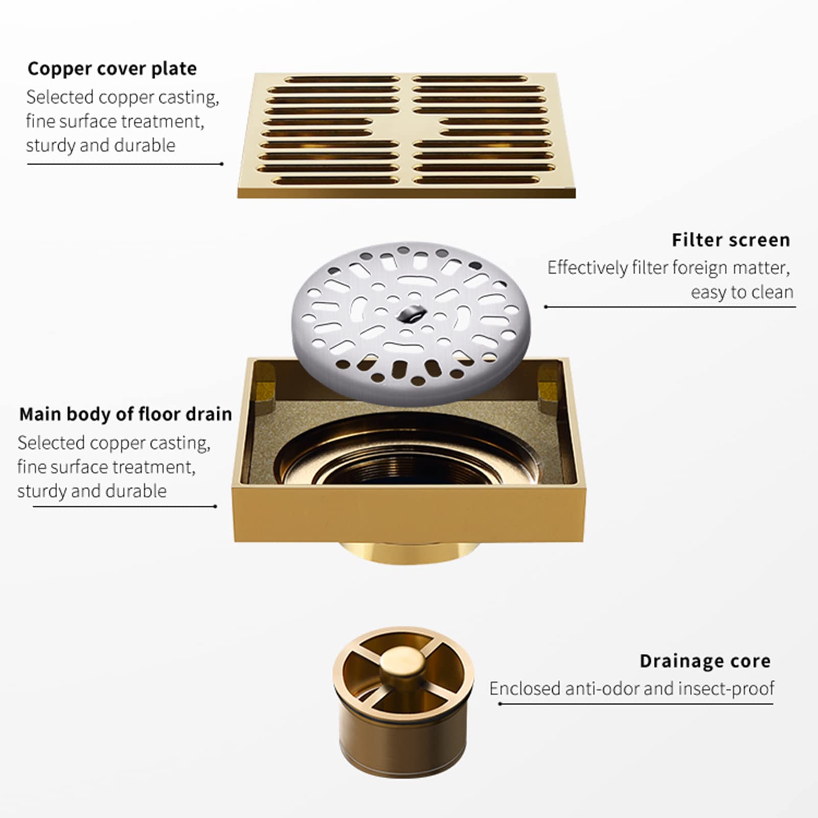 Canaletta Per Doccia Quadrato Da 10CM, Scarico A Pavimento Invisibile in Ottone, Drenaggio Rapido, Filtro Per Capelli, Anti-Blocco, Facile Da Smontare Adatto Per Cucina, Bagno,Rose gold
