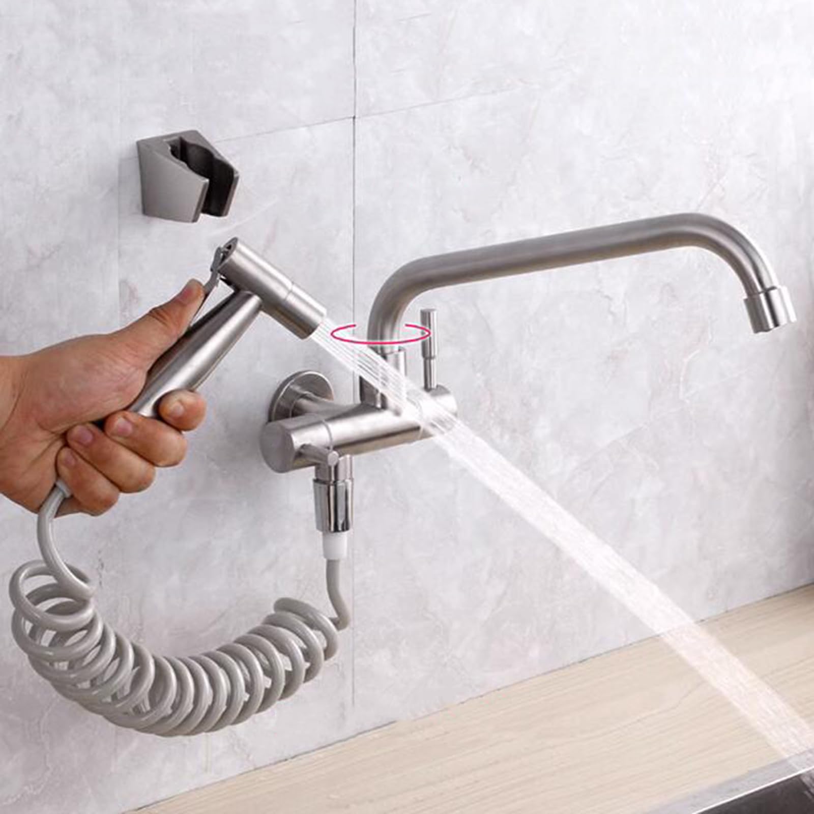 Rubinetto Cucina a Muro Solo Acqua Fredda Acciaio Inox Rubinetto Cucina Con Pistola a Spruzzo Rubinetto da Muro Spazzolato-Un